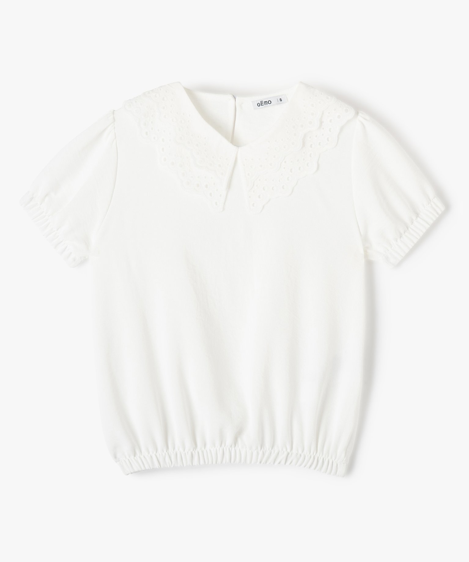 Blouse fille à grand col dentelle et manches ballons ecru | GEMO