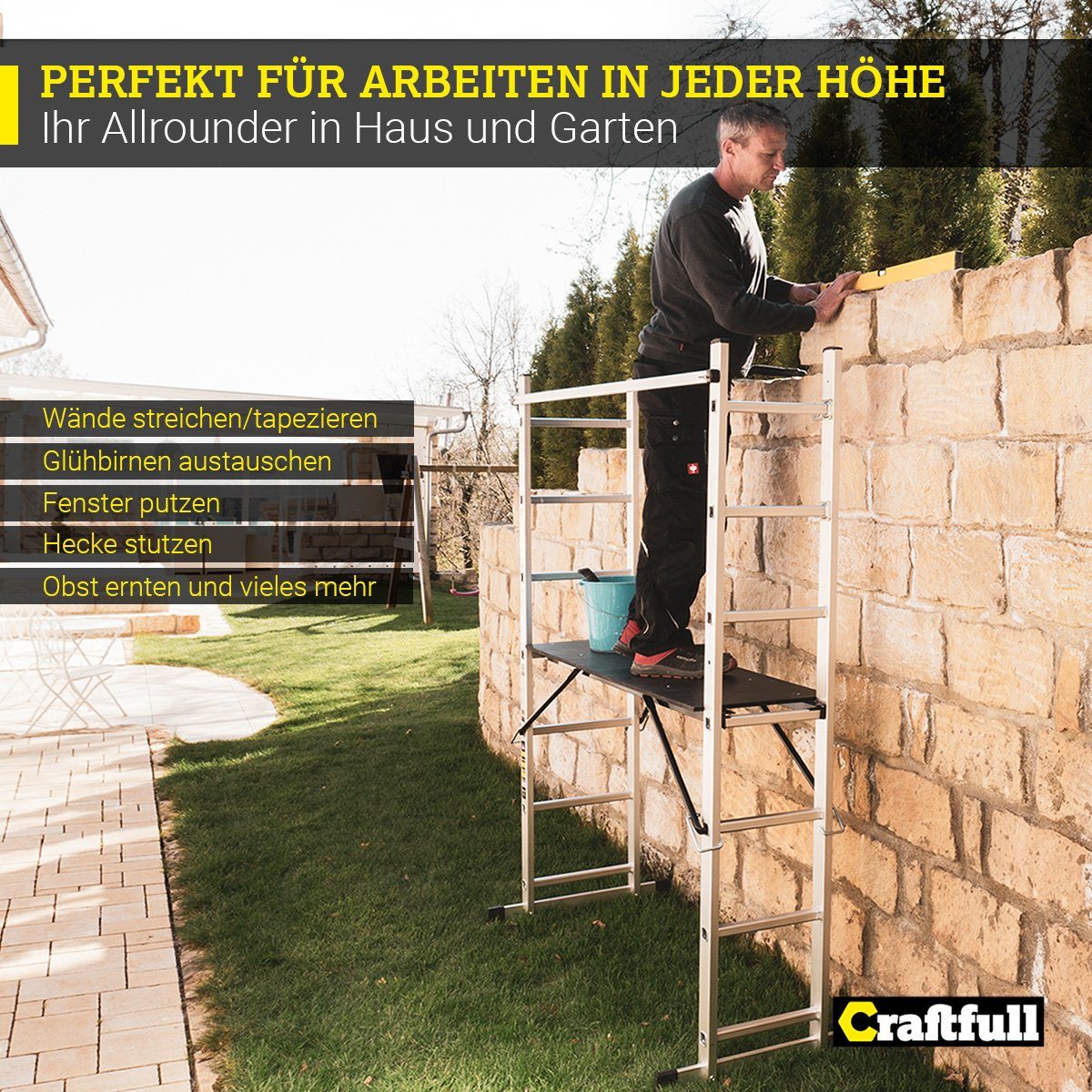 Craftfull Arbeitsgerüst 4in1 Leitergerüst CF-103A - 3 J. Garantie - Mehrzweckleiter Aluminium, (1.68 m - 1.95 m - 150 kg Traglast - Alu Stehleiter bis 150 kg - Doppelhohlkehlenprofil - Anlegeleiter - Gelenkleiter - Stehleiter - Trittleiter - Wandleit