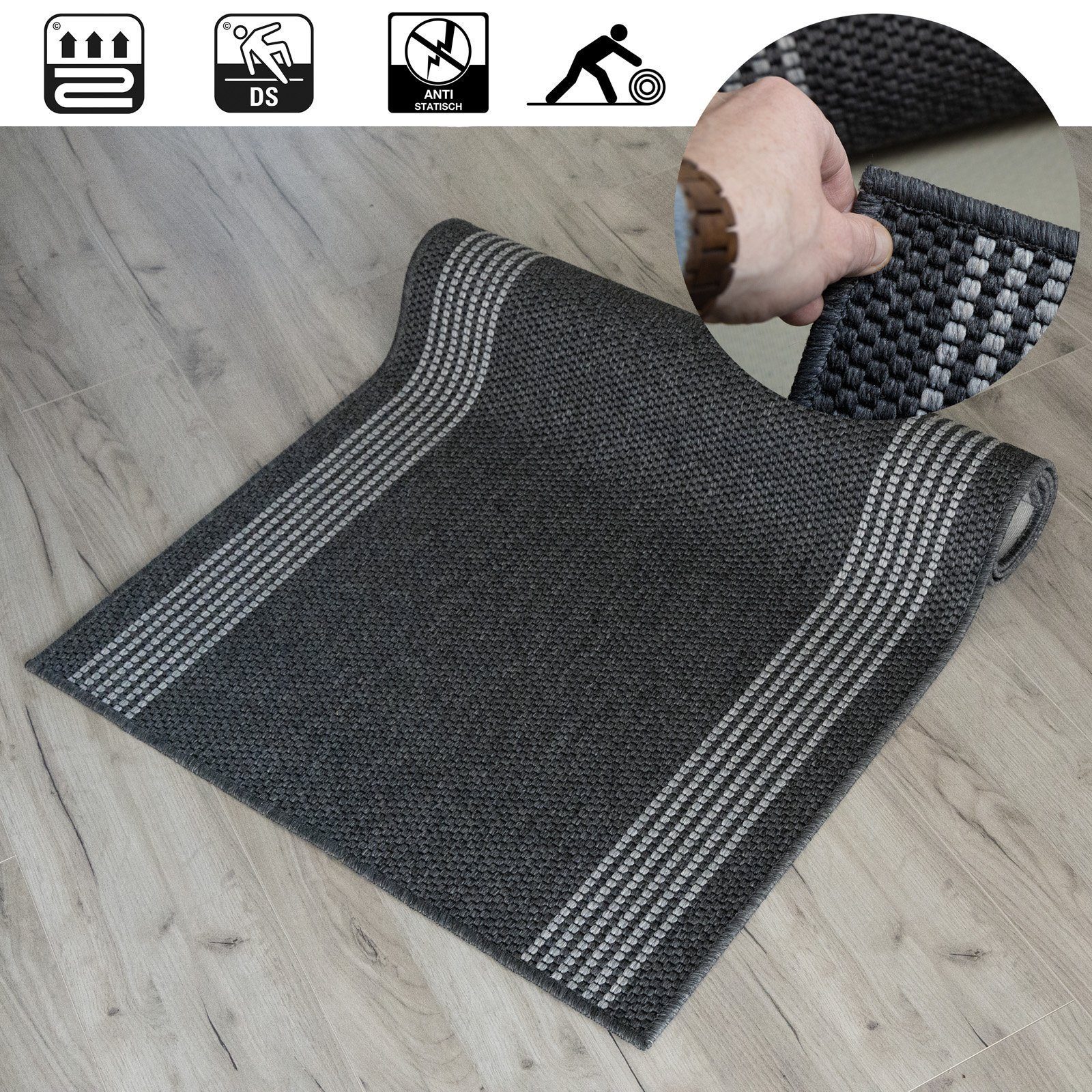 Bettumrandung Natura Anthrazit, Teppichläufer, ideal im Schlafzimmer Floordirekt, (3-tlg), in Sisal-Optik