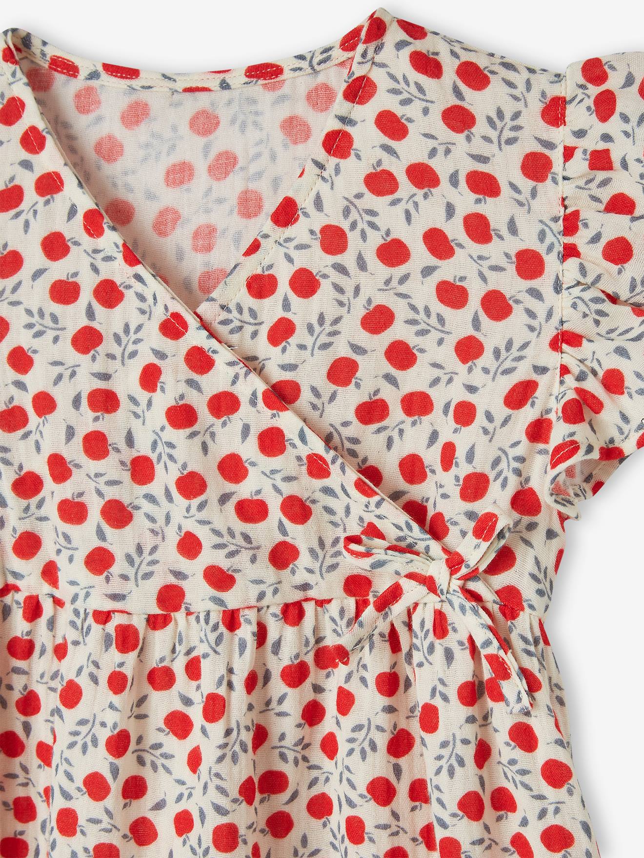 Robe en gaze de coton motifs pommes fille effet portefeuille écru