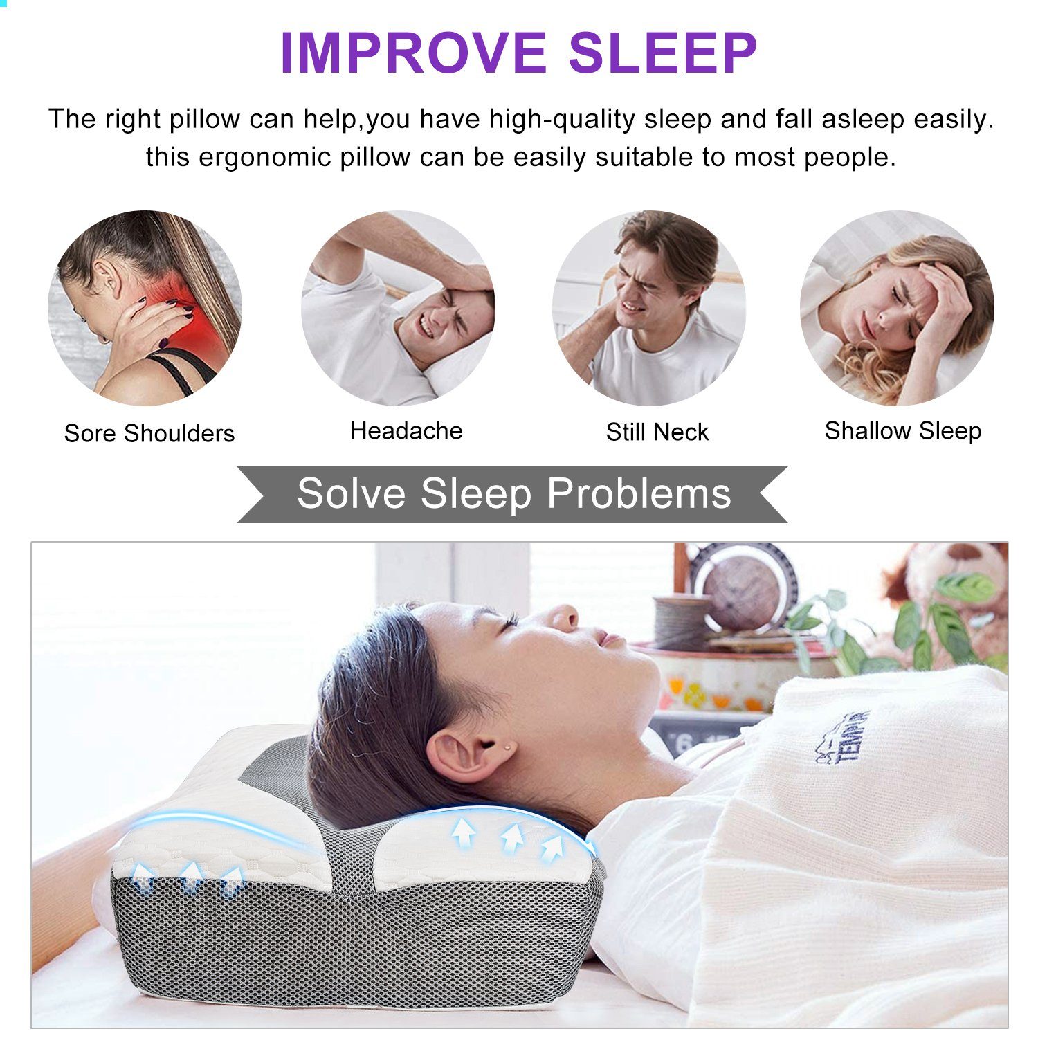 Nackenstützkissen Kopfkissen Memory Foam Schlafkissen ergonomisches Nackenkissen, vokarala, Seitenschläferkissen Antischnarch-Kissen gegen Nackenschmerzen