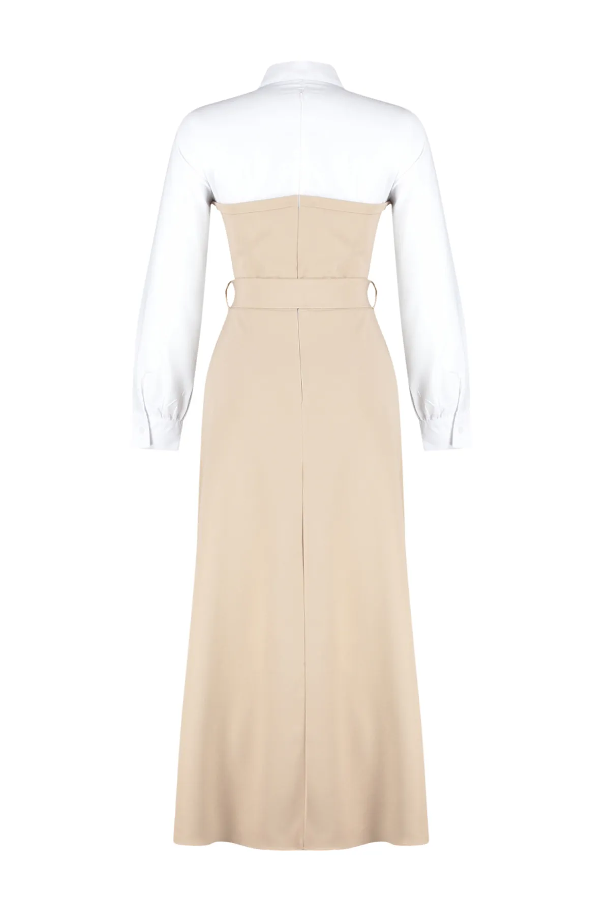 Trendyol Modest  Beigefarbenes Hemdkleid mit Gürtel und detailliertem Webmuster TCTSS24EB00059