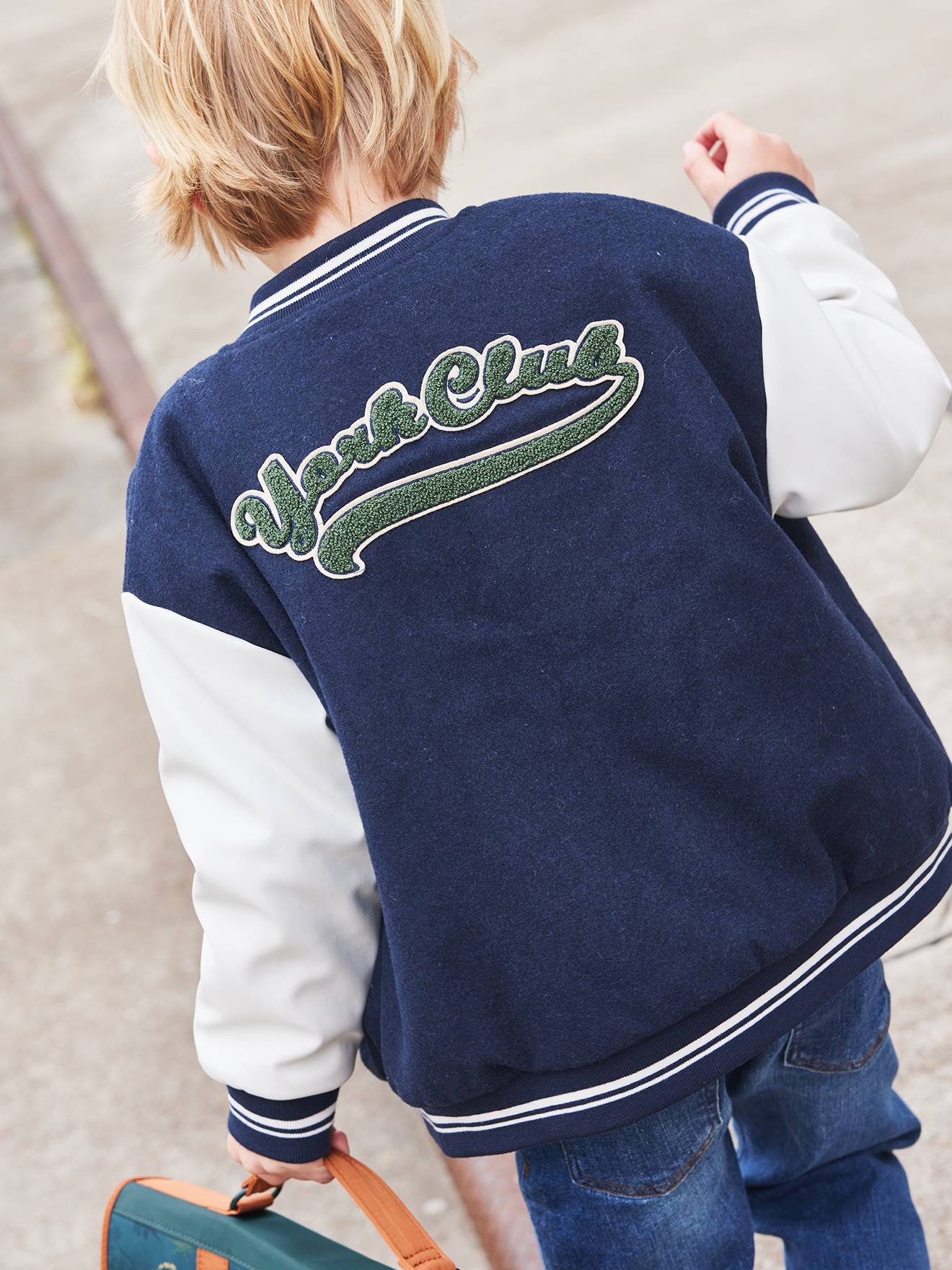 Blouson Teddy garçon lettre en bouclettes. marine