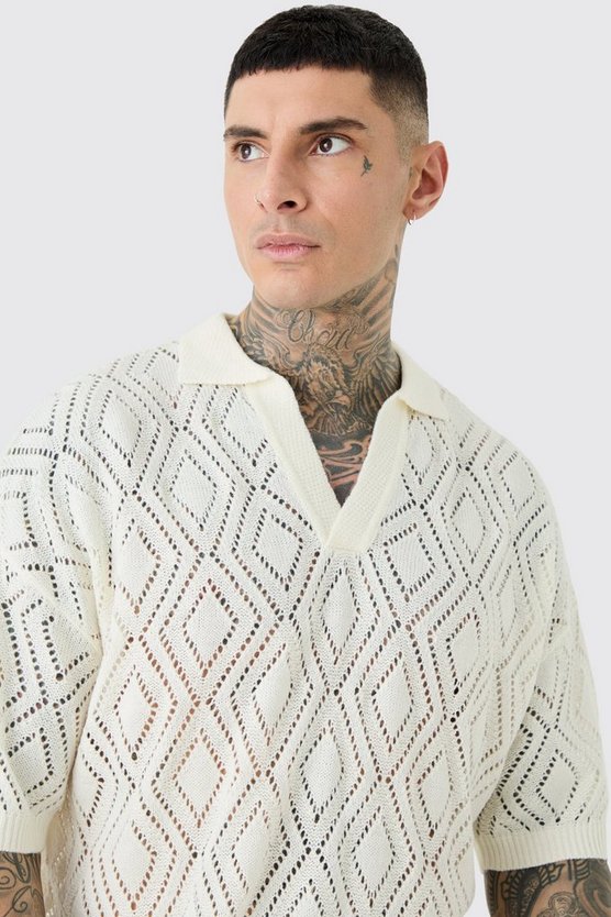 Tall kurzärmliges kastiges Strick-Poloshirt in Ecru