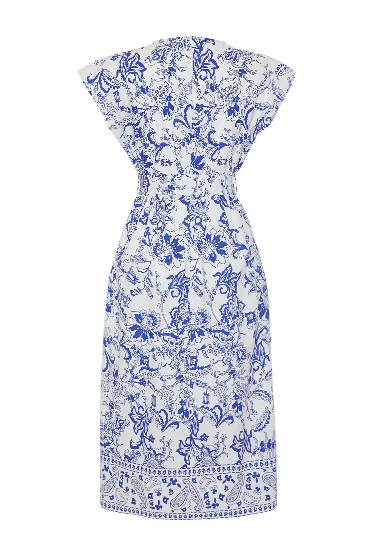 Trendyol Collection  Blaues Midikleid mit V-Ausschnitt und Gürtel und Blumenmuster - 100 % Baumwolle TWOSS24EL00534