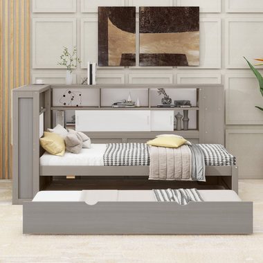 Flieks Massivholzbett, Holzbett 90x200cm mit Ladeanschluss/ Stauraum/ Ausziehbett 90x190cm