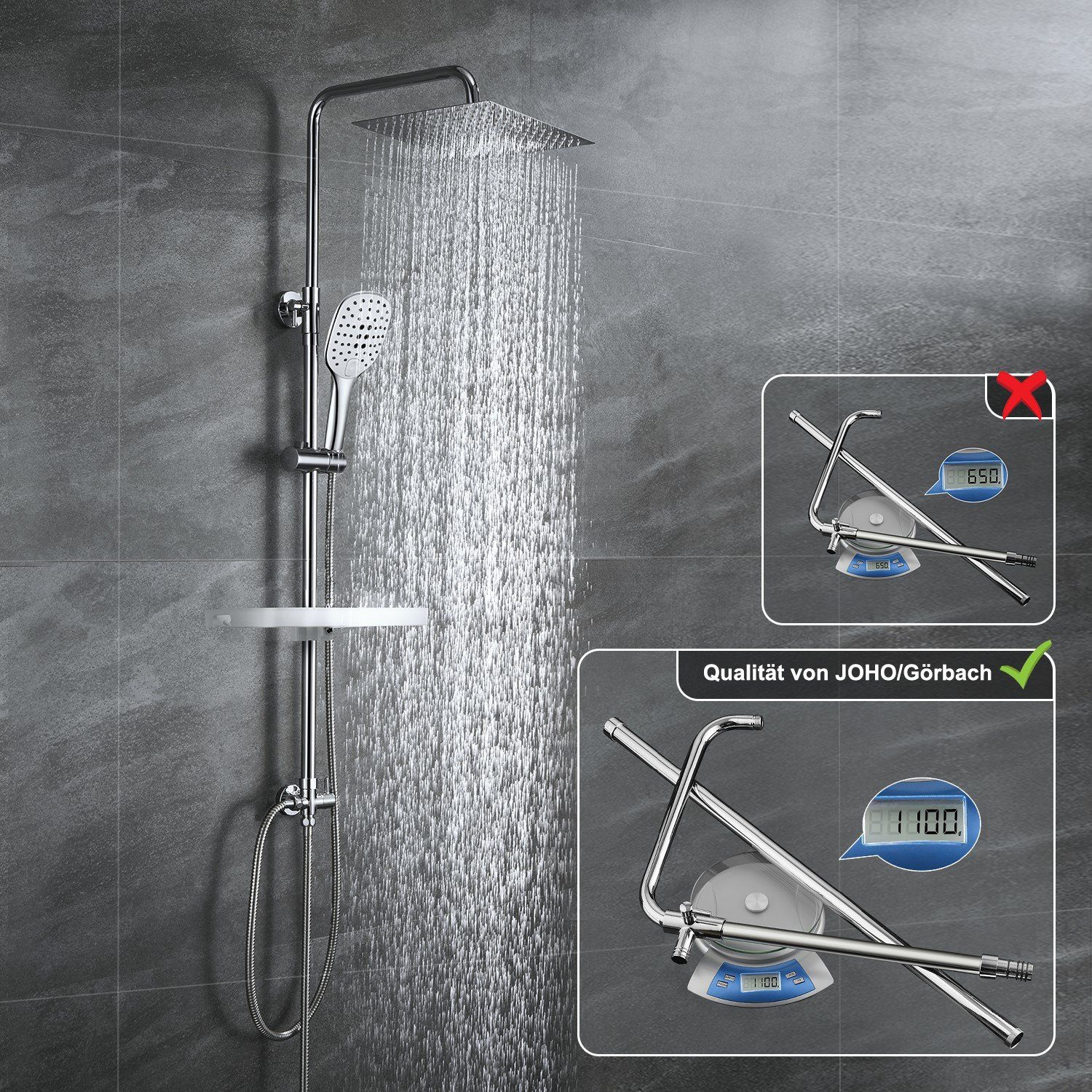 JOHO Duschsystem Duschset schwarz Duschsystem Überkopfbrause Set Regendusche, Höhe 114 cm, 3 Strahlart(en), Kopfbrause 20*20cm, universell einsetzbar für vorhandene Löcher
