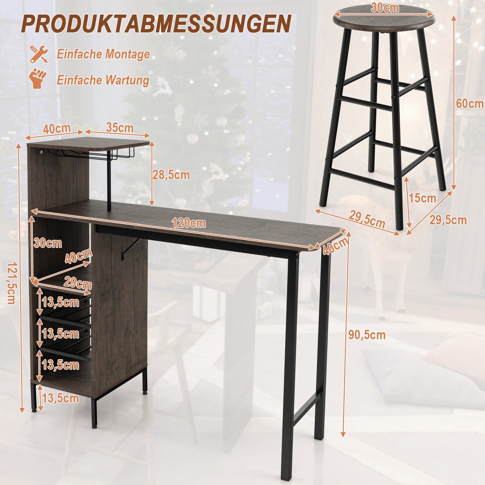 COSTWAY Bartisch (3 TLG. mit Hockern), mit Weinregal & Halterungen