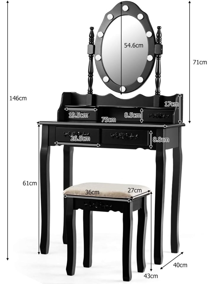 COSTWAY Schminktische in Schwarz günstig kaufen 40 cm