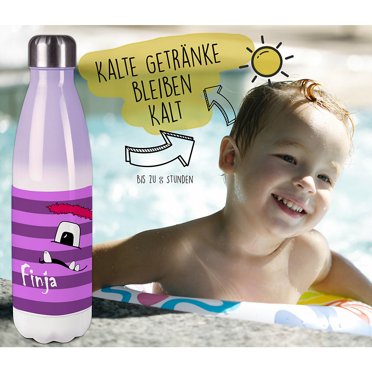 Edelstahl Kinder Thermoflasche / Trinkflasche bunt Monster Streifen Farbe lila Spülmaschinenfest, Auslaufsicher, Bruchfest, Doppelwandig, Für Heißgetränke geeignet, Mit Deckel, Isoliert