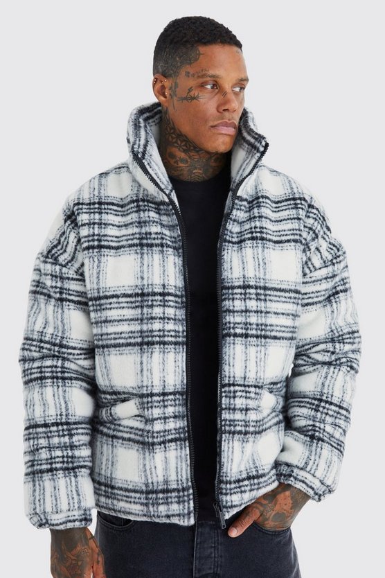 Karierte Steppjacke mit Trichterkragen
