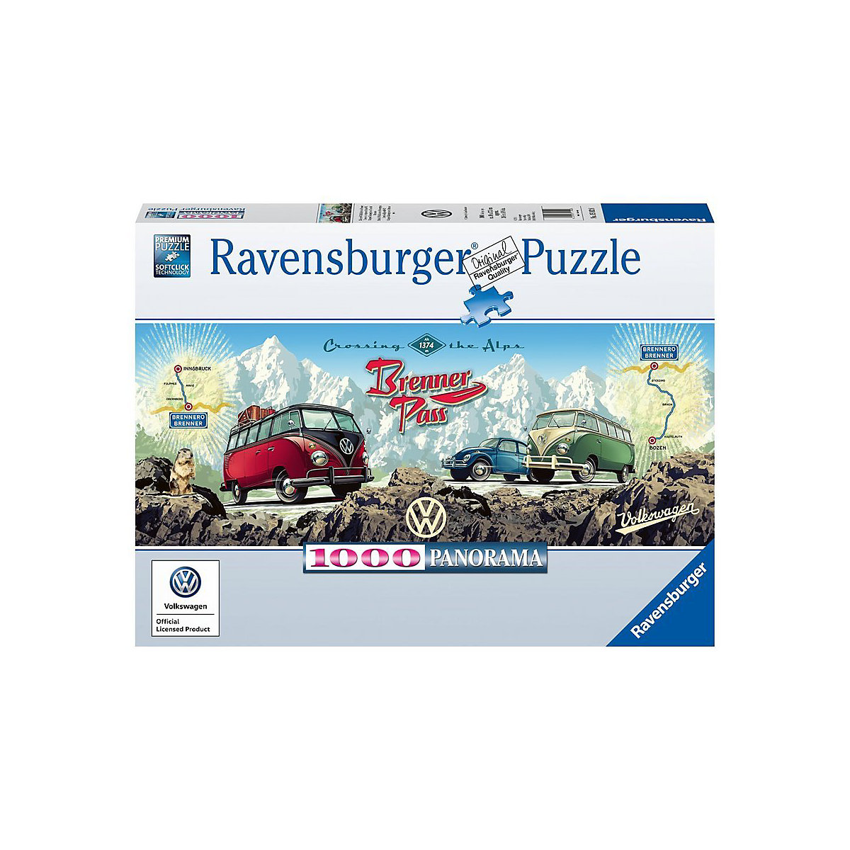 Puzzle 1000 Teile, 98x37 cm, Panorama, Mit dem VW Bulli über den Brenner