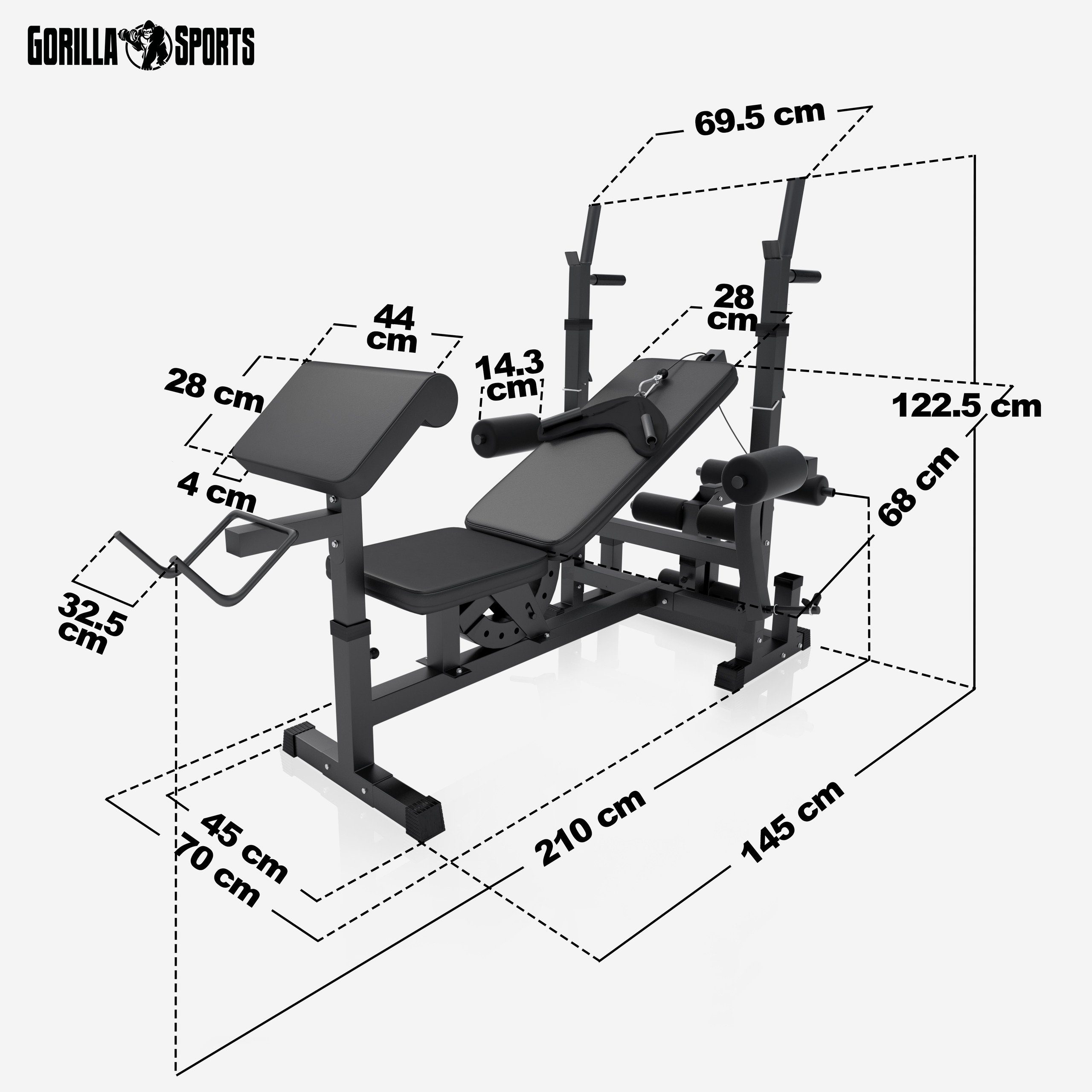 GORILLA SPORTS Kraftstation inkl. Hantelset 100kg, Latzug, Weiß/Schwarz - Multifunktion Hantelbank
