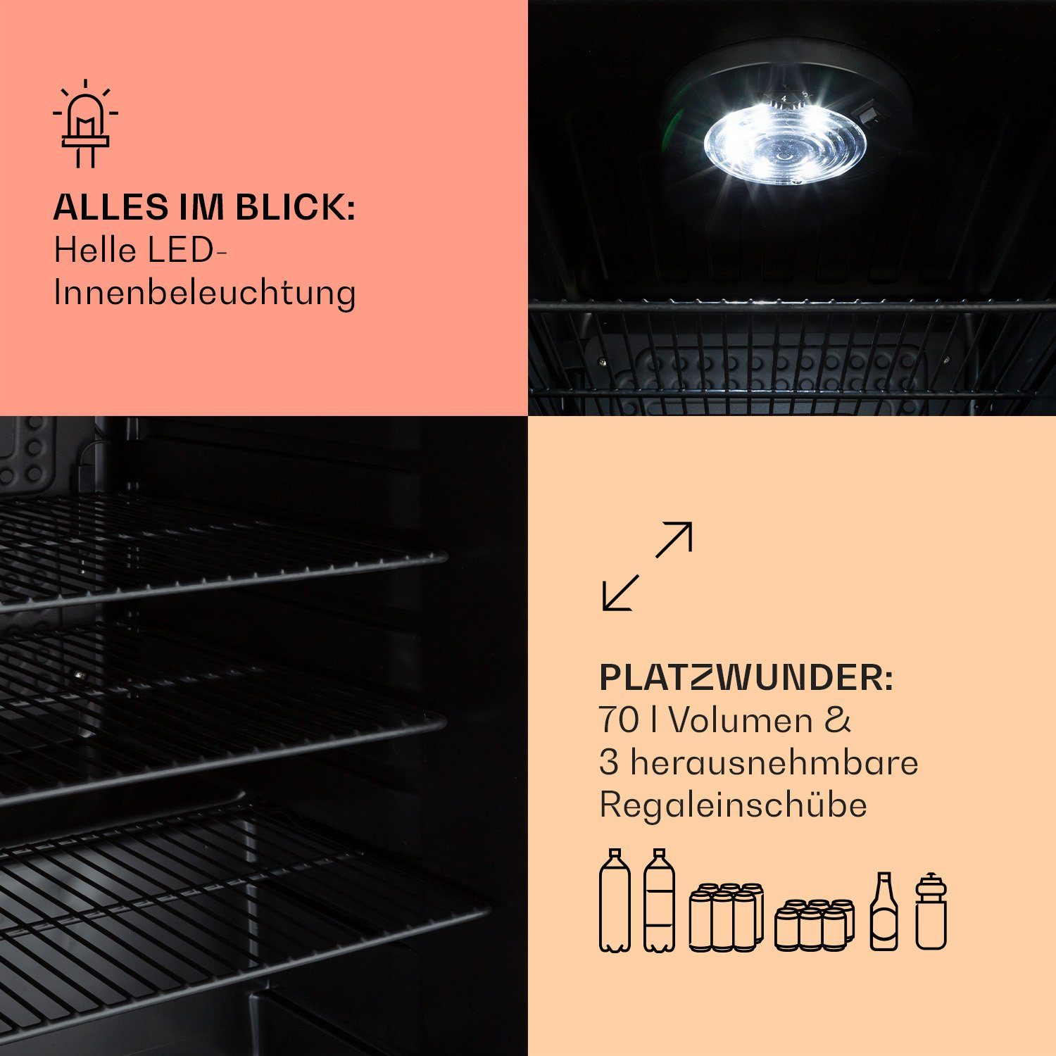Klarstein Getränkekühlschrank HEA13-PopLife-65L 10040736, 69 cm hoch, 44 cm breit, Bierkühlschrank Getränkekühlschrank Flaschenkühlschrank mit Glastür