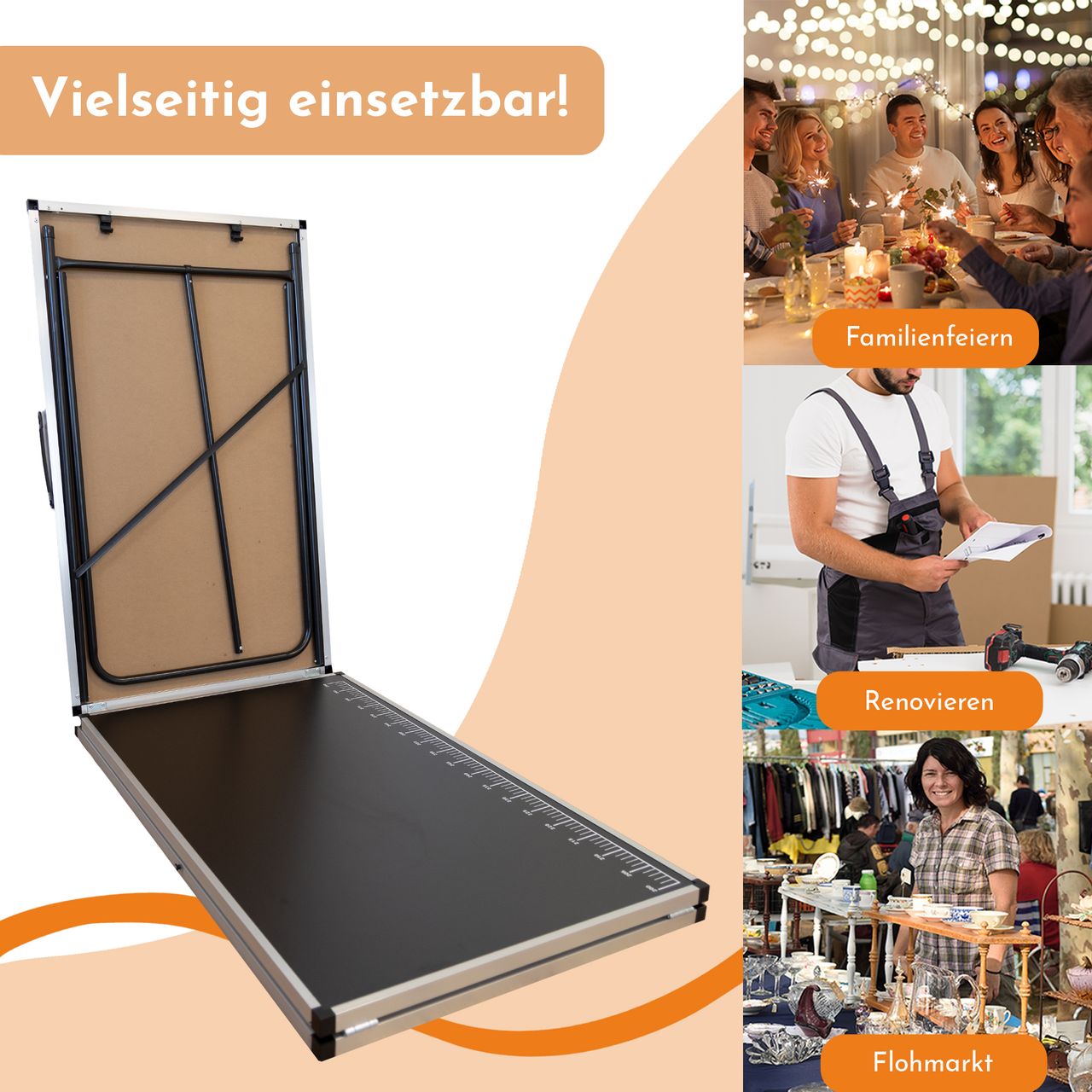 Lemodo Tapeziertisch klappbar, Arbeitstisch mit Messskala, Mehrzwecktisch, Flohmarkttisch