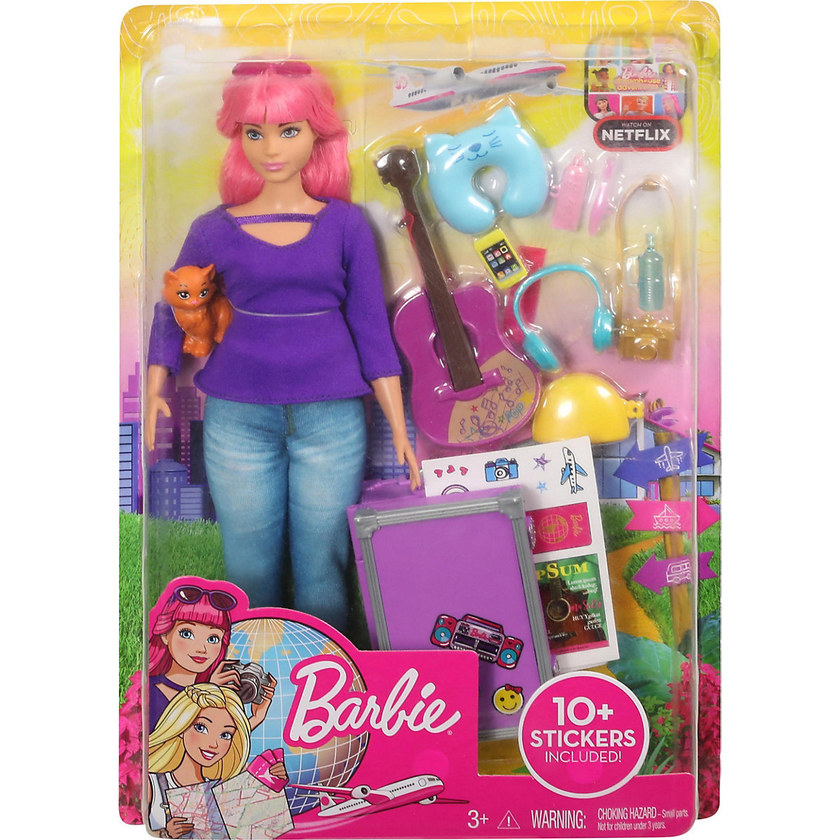 Barbie Daisy Reise Puppe (pinke Haare) mit Zubehör, Anziehpuppe, Modepuppe