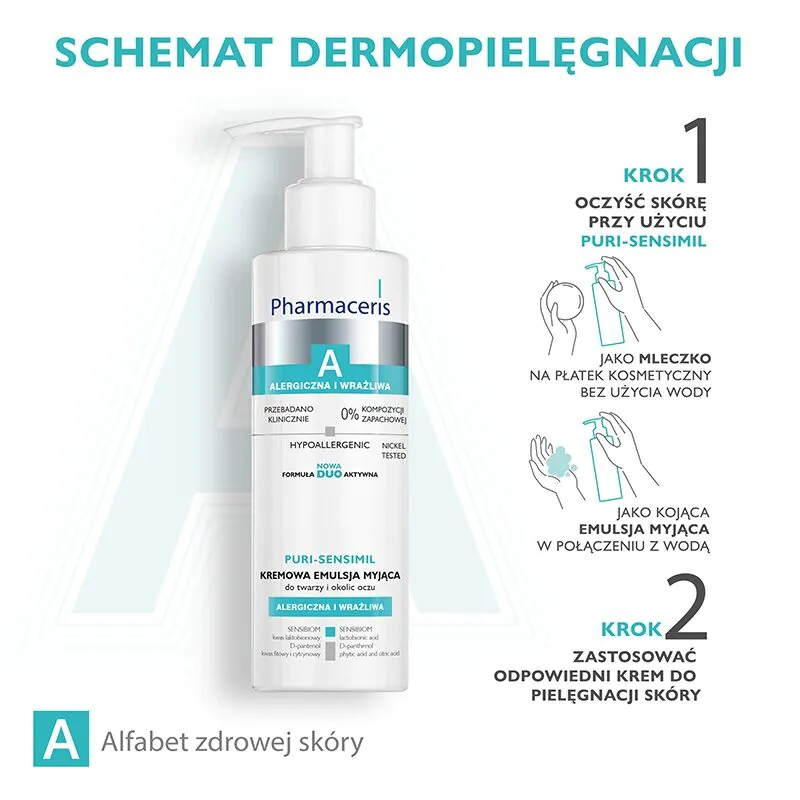 „Pharmaceris A Puri-Sensimil“ kreminė valomoji emulsija veidui ir paakių sričiai.