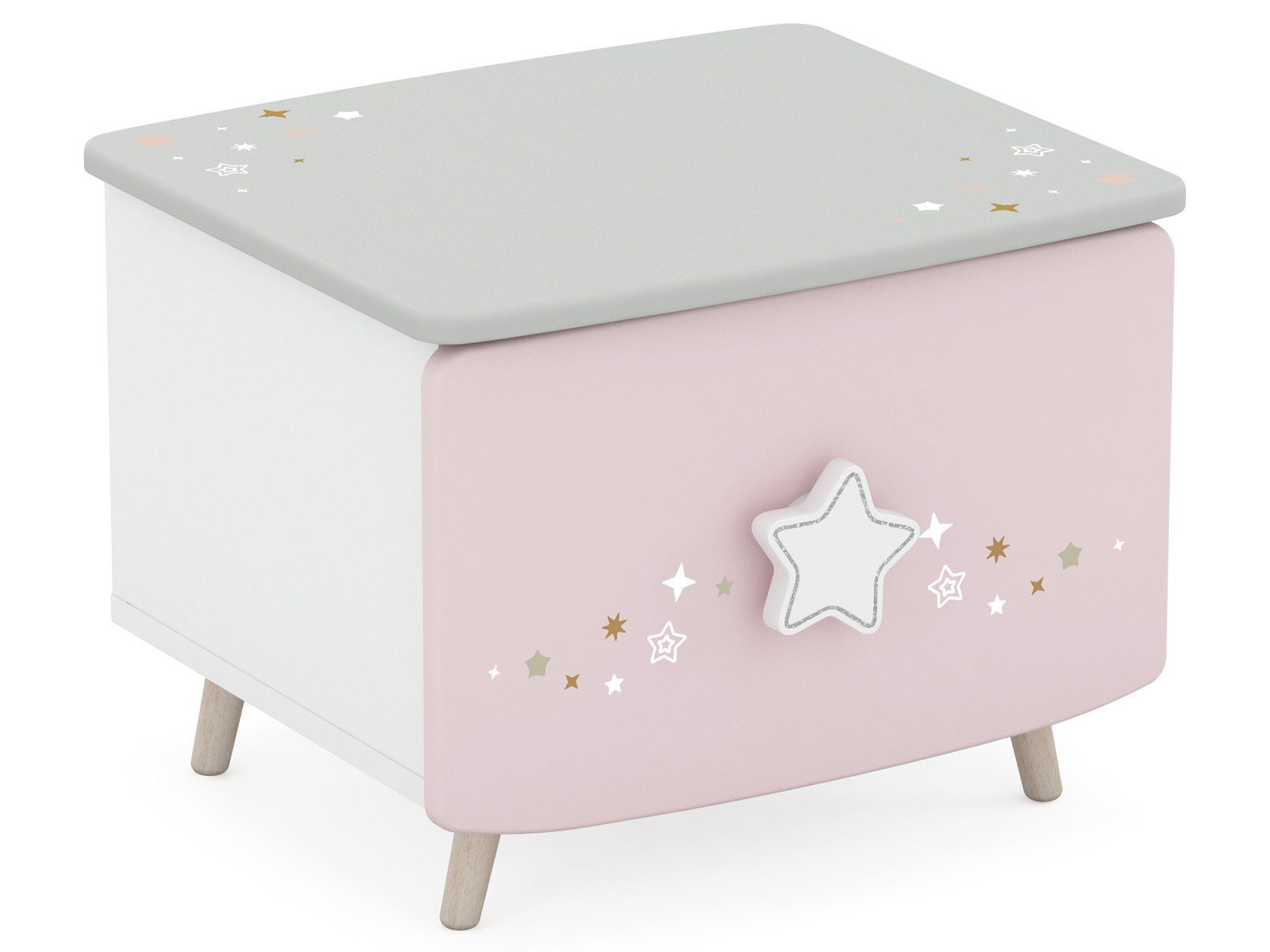 möbelando Jugendzimmer-Set Savannah, (4-St), Modernes Kinderzimmer in Pastellfarben (Weiß/Grau/Rosa), Korpus aus Spanplatte, Front aus MDF bestehend aus 1 Kleiderschrank, 1 Schubladenkommode, 1 Bett und 1 Nachttisch. Individuelle Stellmöglichkeit