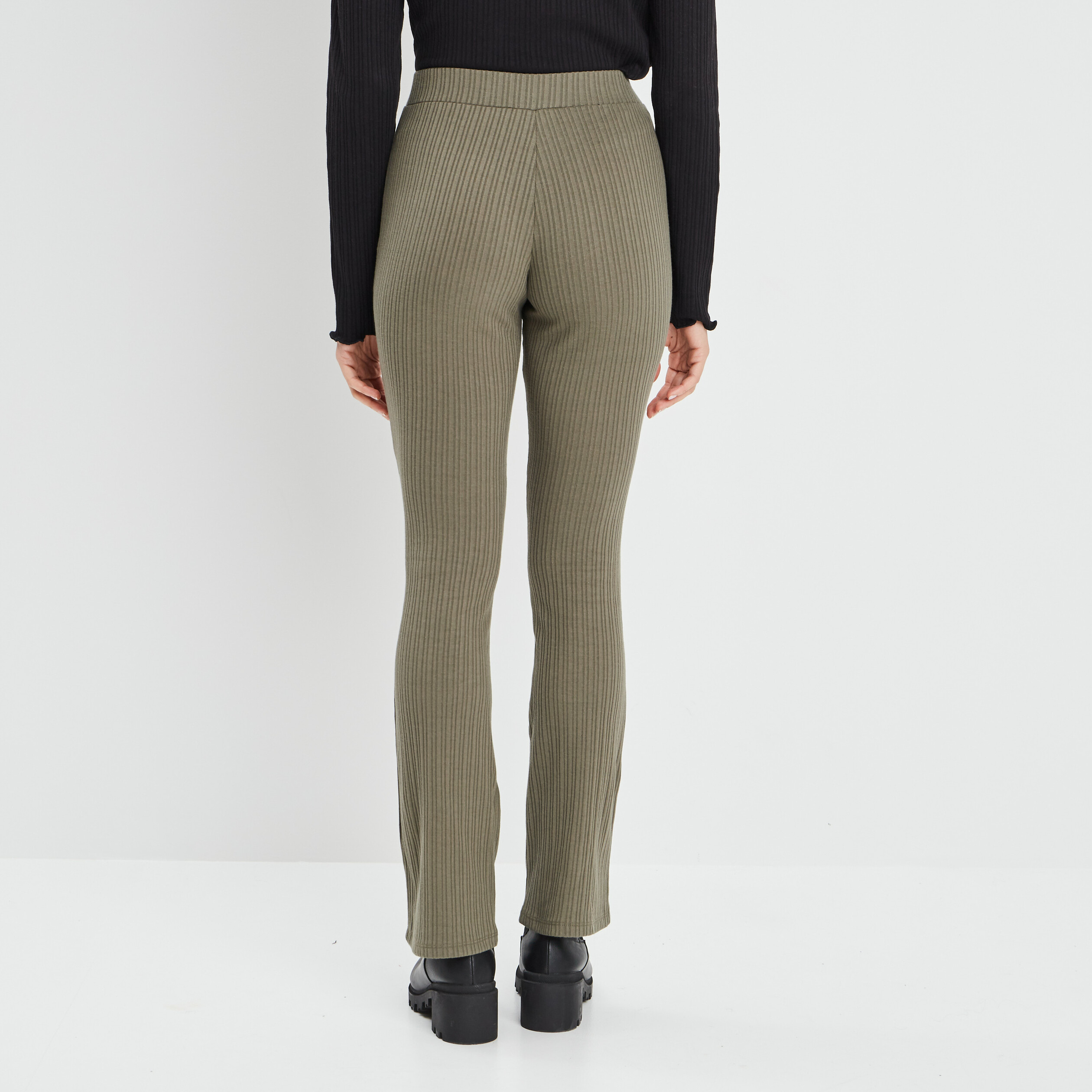 Pantalon flare côtelé vert kaki femme | La Halle