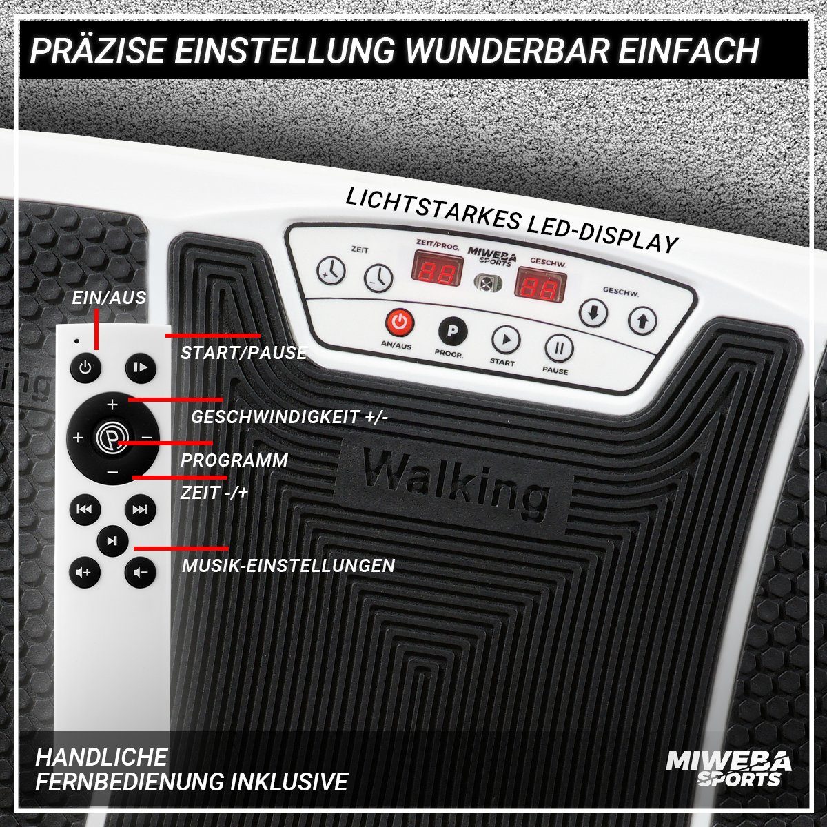 Miweba Sports Vibrationsplatte Vibrationsboard MV200 inkl. Fernbedienung - 3D-Vibration, 400 W, 99 Intensitätsstufen, (Widerstandsbänder & Übungsposter, LED-Display, Ganzkörpertraining, Fettverbrennung, Trainingsgerät, Sportgeräte Fitnessgeräte für Z
