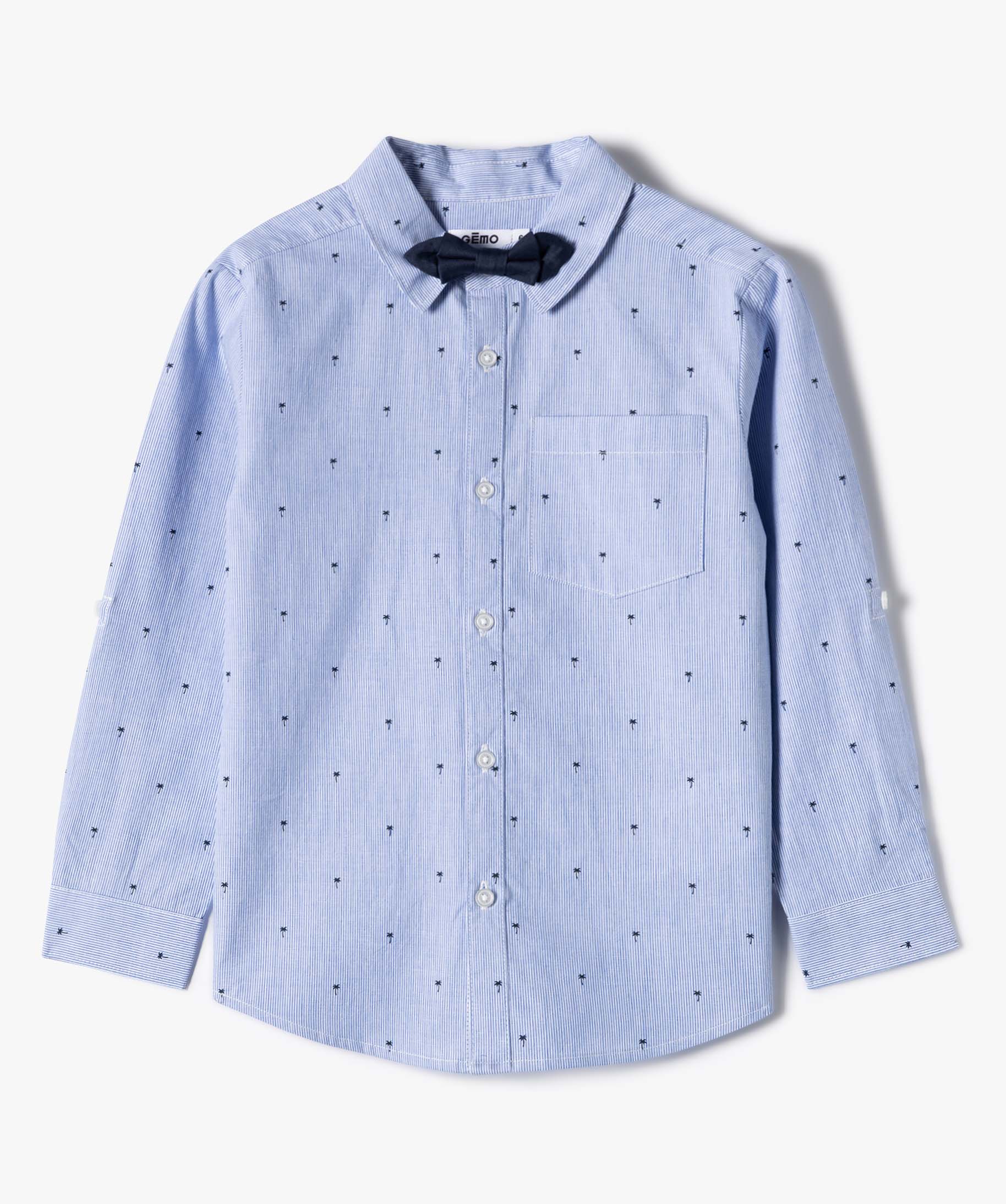 Chemise Garçon rayée avec motifs palmiers et noeud papillon bleu | GEMO