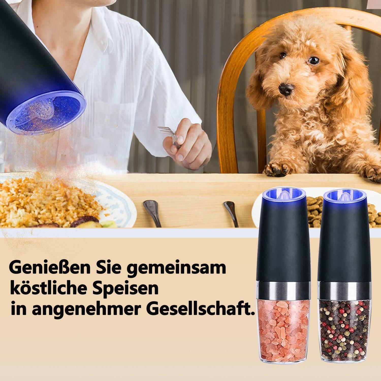 OKA Salzmühle Salz und Pfeffer Mühle Elektrisch Gewürzmühle elektrisch, mit Blauem LED-Licht,Salz und Pfeffermühle Elektrische set