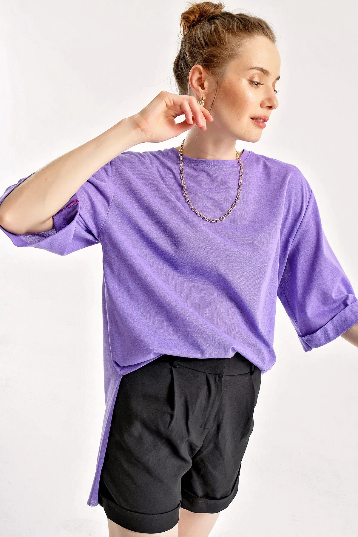 Bigdart  4123 Geschlitztes Oversize-T-Shirt – Lila