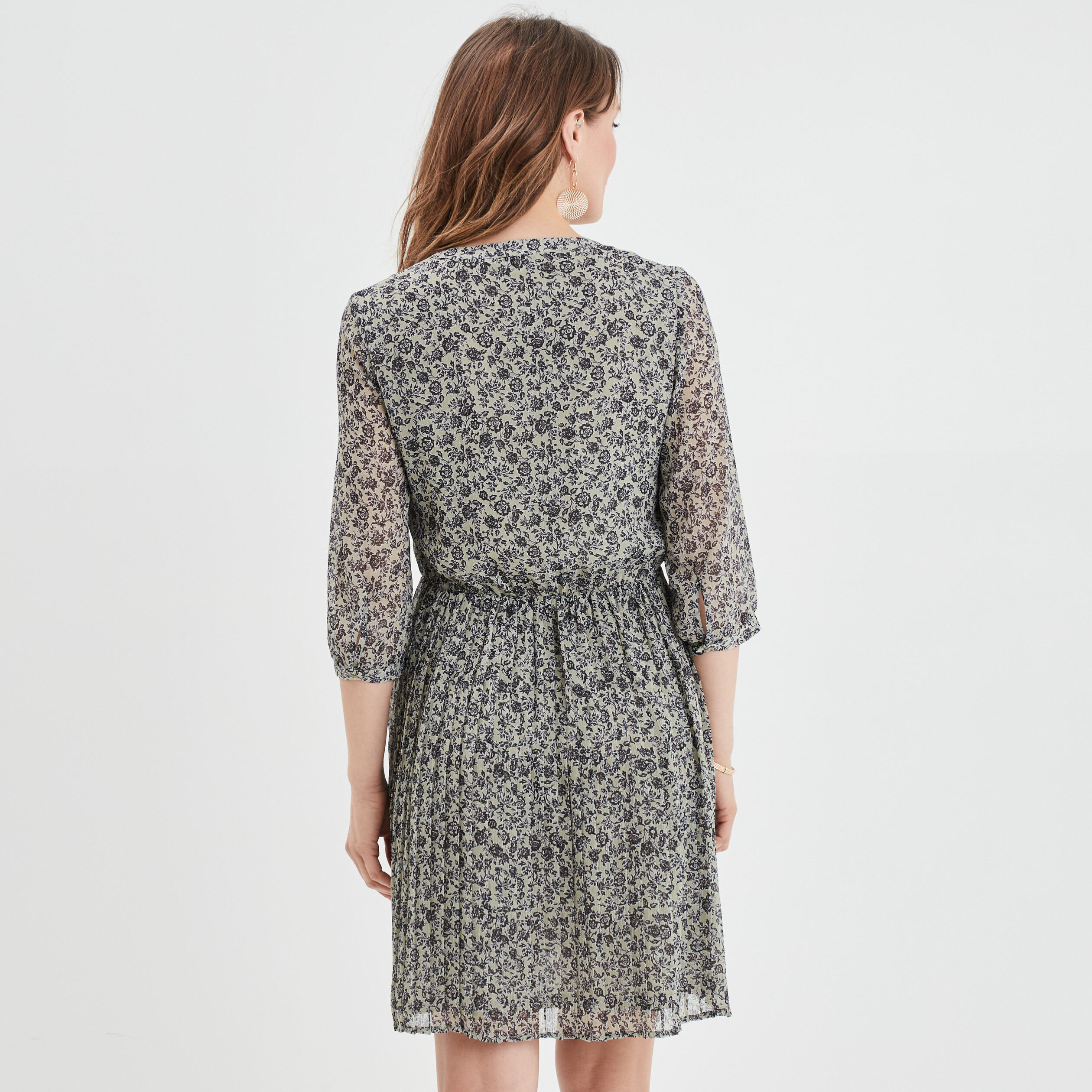 Robe évasée bas plissé manches 3 4 vert olive femme | La Halle
