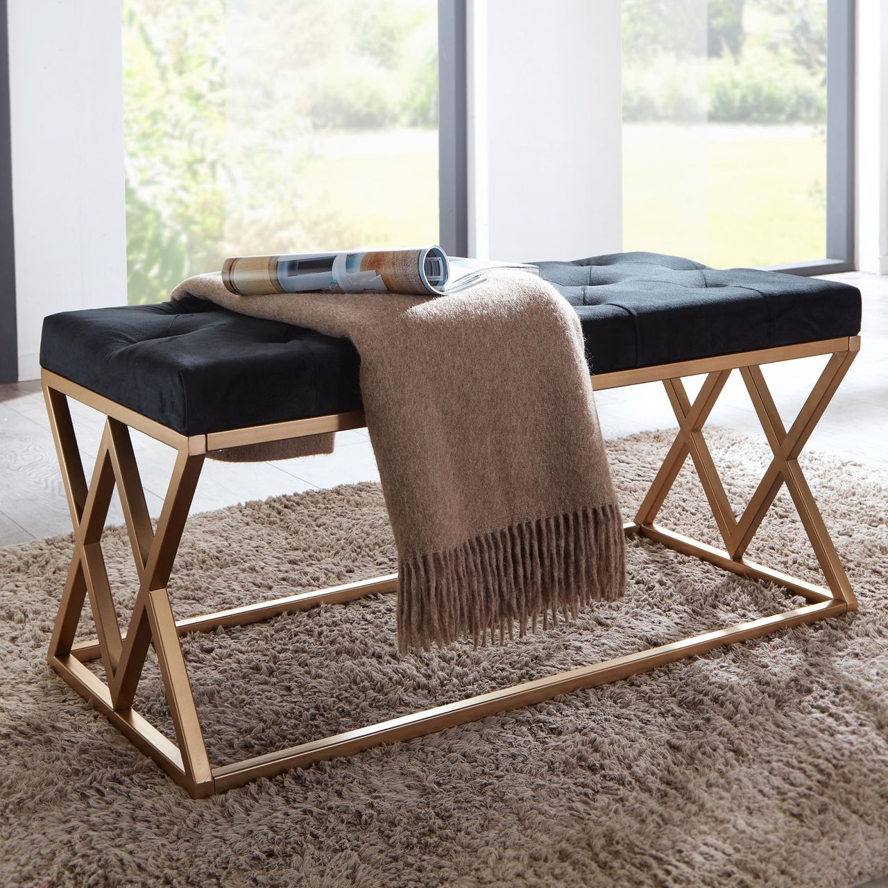 Skyport WOHNLING Sitzbank Schwarz Polsterbank 90 cm Bettbank Chesterfield Flurbank Samt