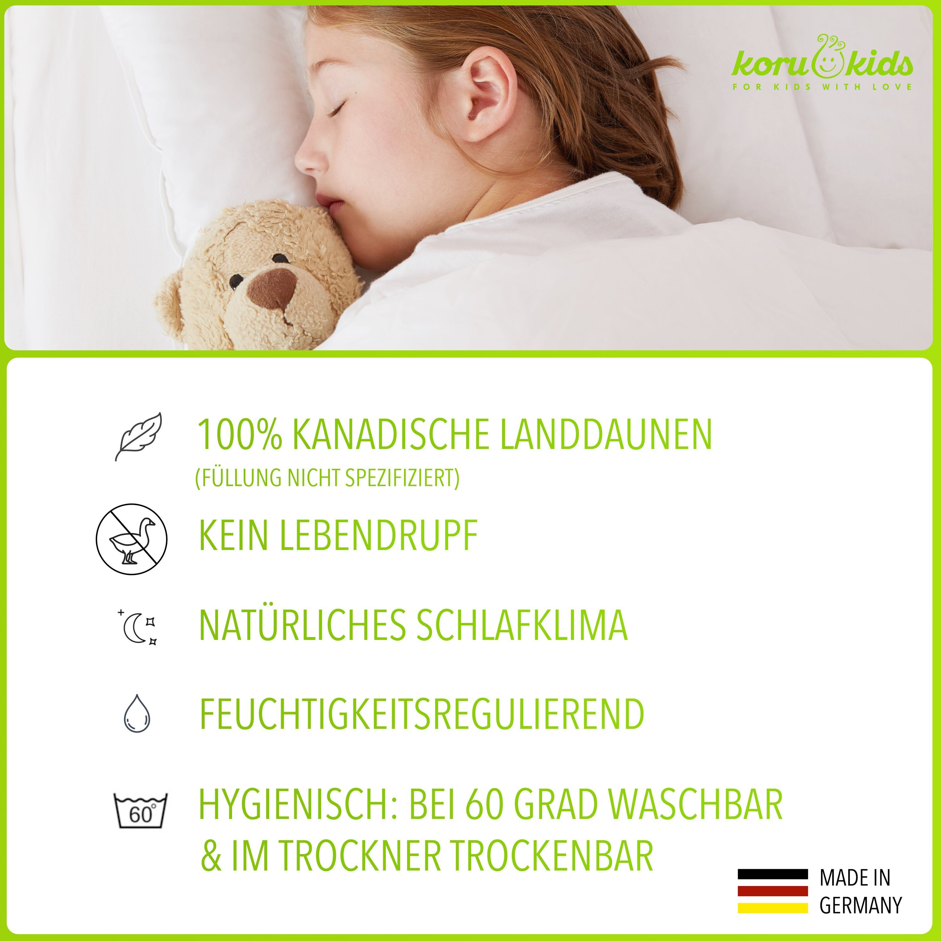 Kinderbettdecke, Daunen Bettdecke Kinder 100x135cm, Koru Kids, Füllung: 100% kanadische Daunen, Waschbar bis 60° C, temperaturausgleichend, allergikergeeignet