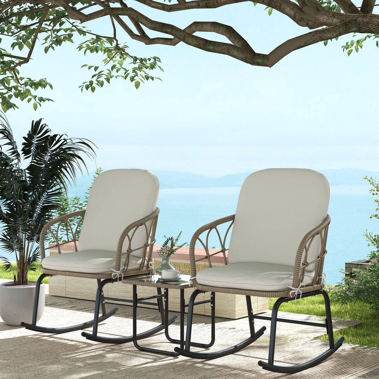 Outsunny Rattan Schaukelstuhl-Set, Gartenmöbel-Set mit 2 Stühlen, 1 Couchtisch
