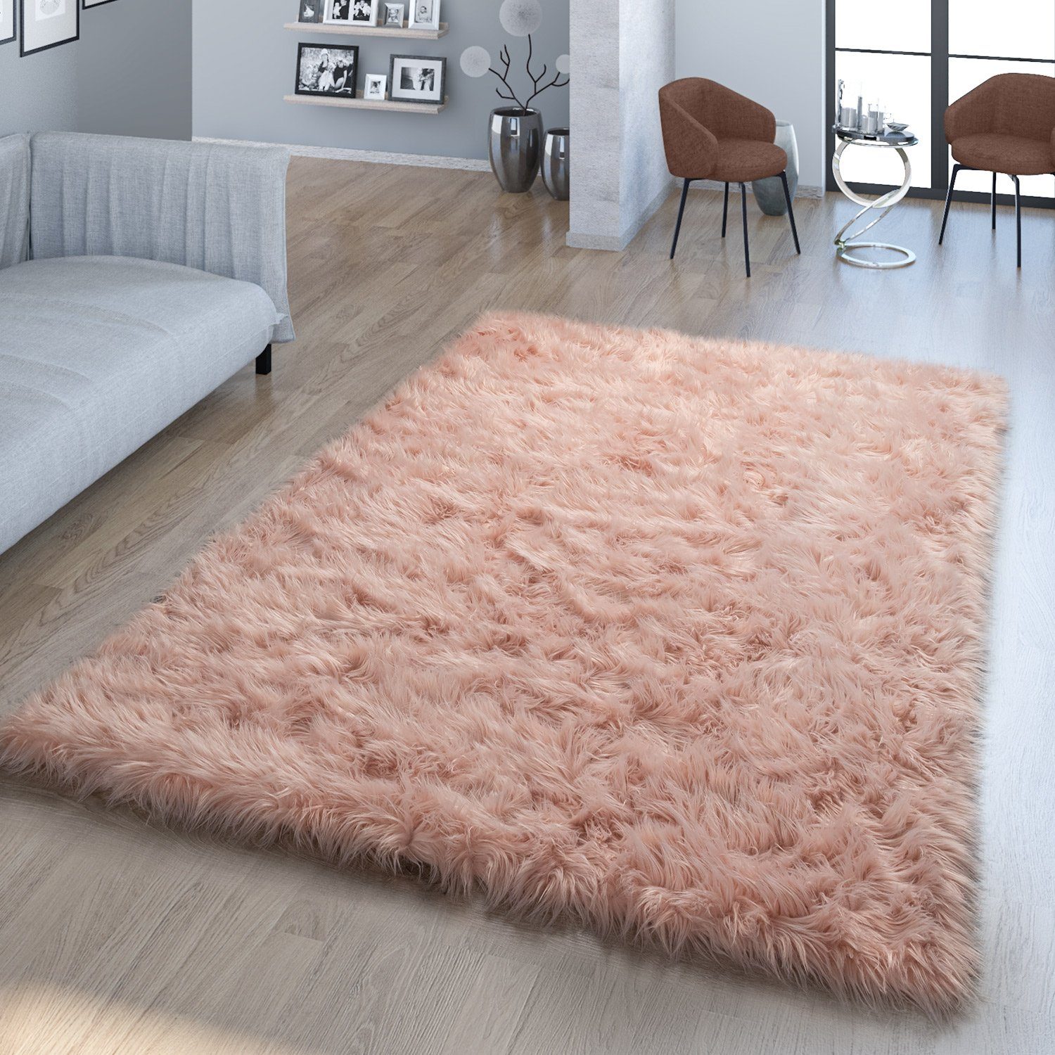 Fellteppich Wohnzimmer Hochflor Teppich Kunst-Fell Design, TT Home, rund, Höhe: 64 mm