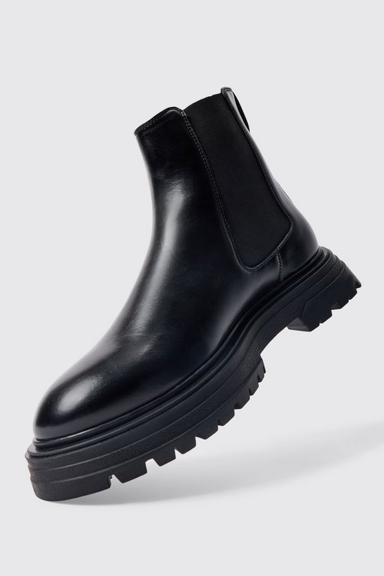 Schwarz PU Chelsea-Stiefel mit klobiger Sohle