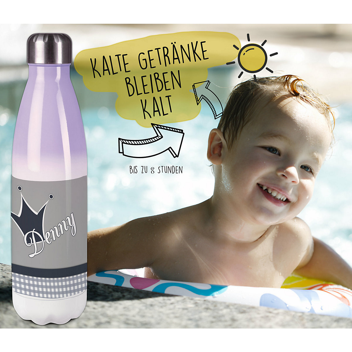 Edelstahl Kinder Thermoflasche / Trinkflasche bunt Krone Farbe grau Spülmaschinenfest, Auslaufsicher, Bruchfest, Doppelwandig, Für Heißgetränke geeignet, Mit Deckel, Isoliert