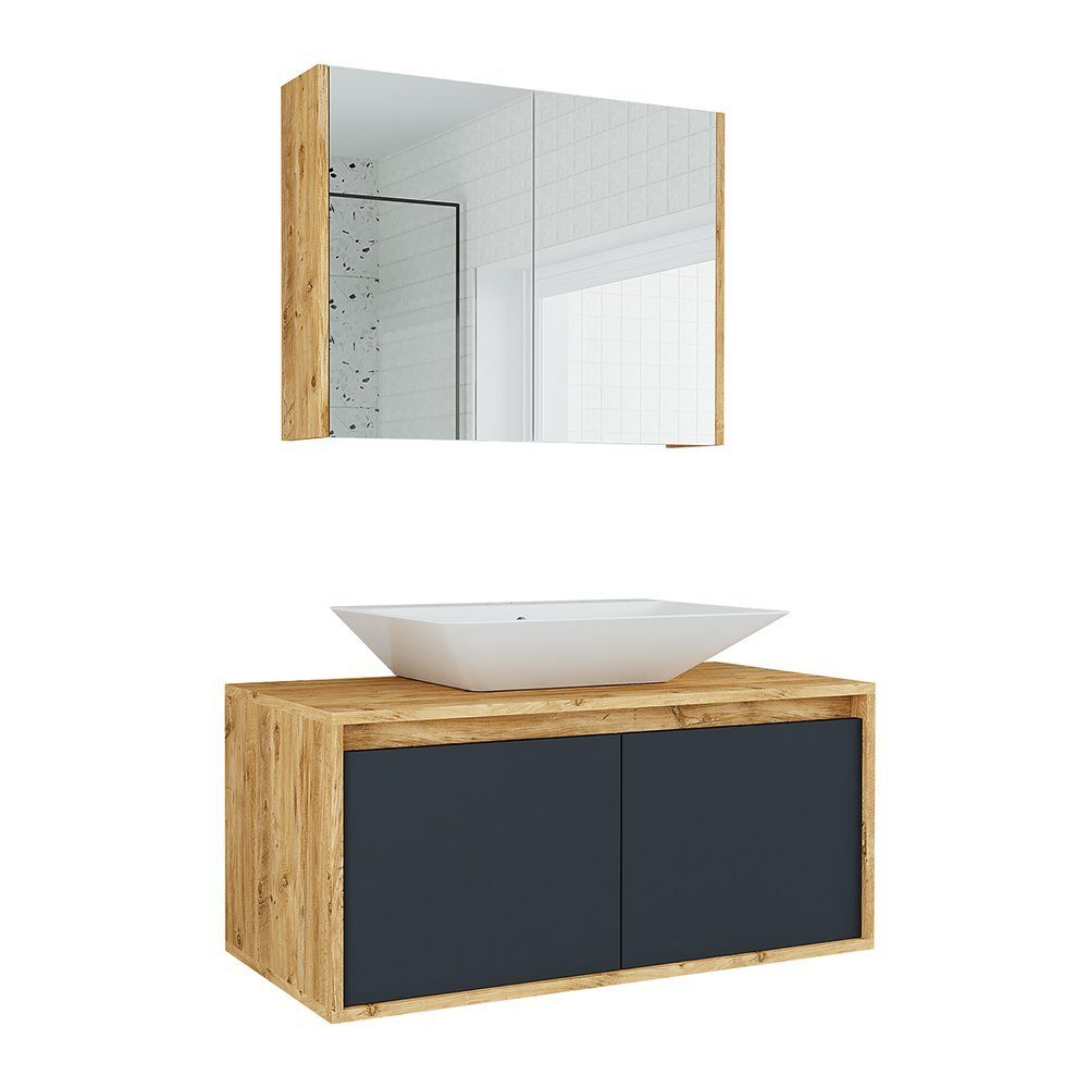 Roomart Badmöbel-Set, (Badmöbel Set 3-teilig 100cm Unterschrank mit Waschbecken Spiegelscrank)