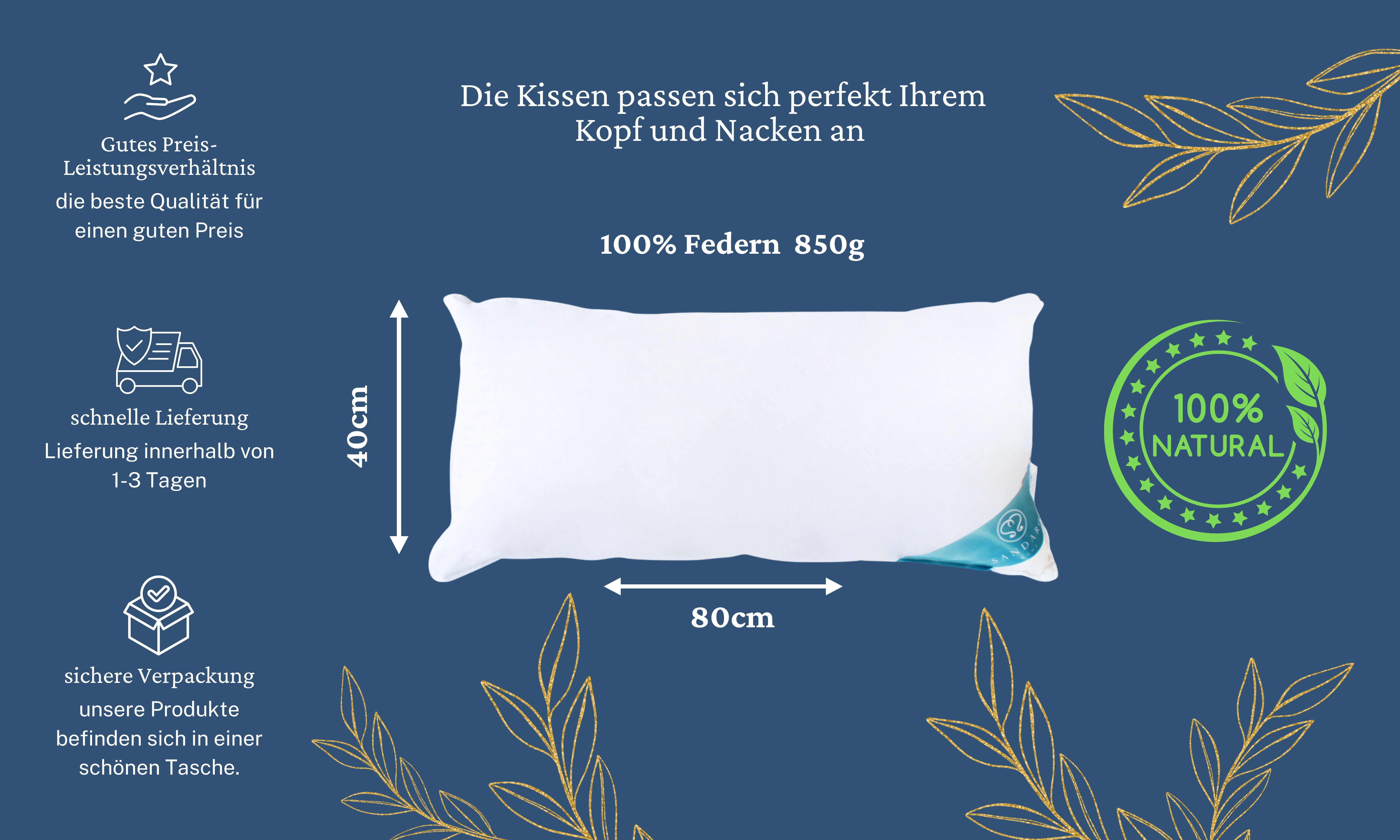 Federkopfkissen 850 gr, 100% FEDERFÜLLUNG, 40 x 80 cm, Sandaro Home, Füllung: 100% Federn, Bezug: Baumwolle