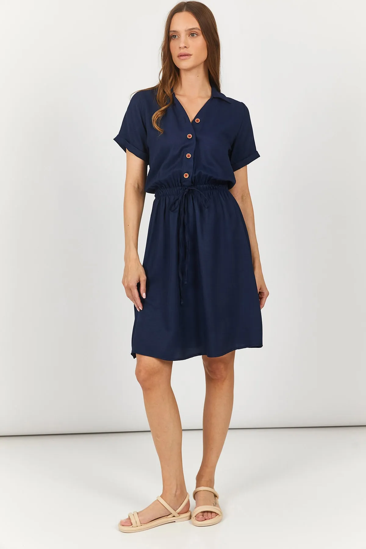 armonika  Marineblaues, kurzärmliges Hemdkleid mit elastischer Taille für Damen Arm-23y001035