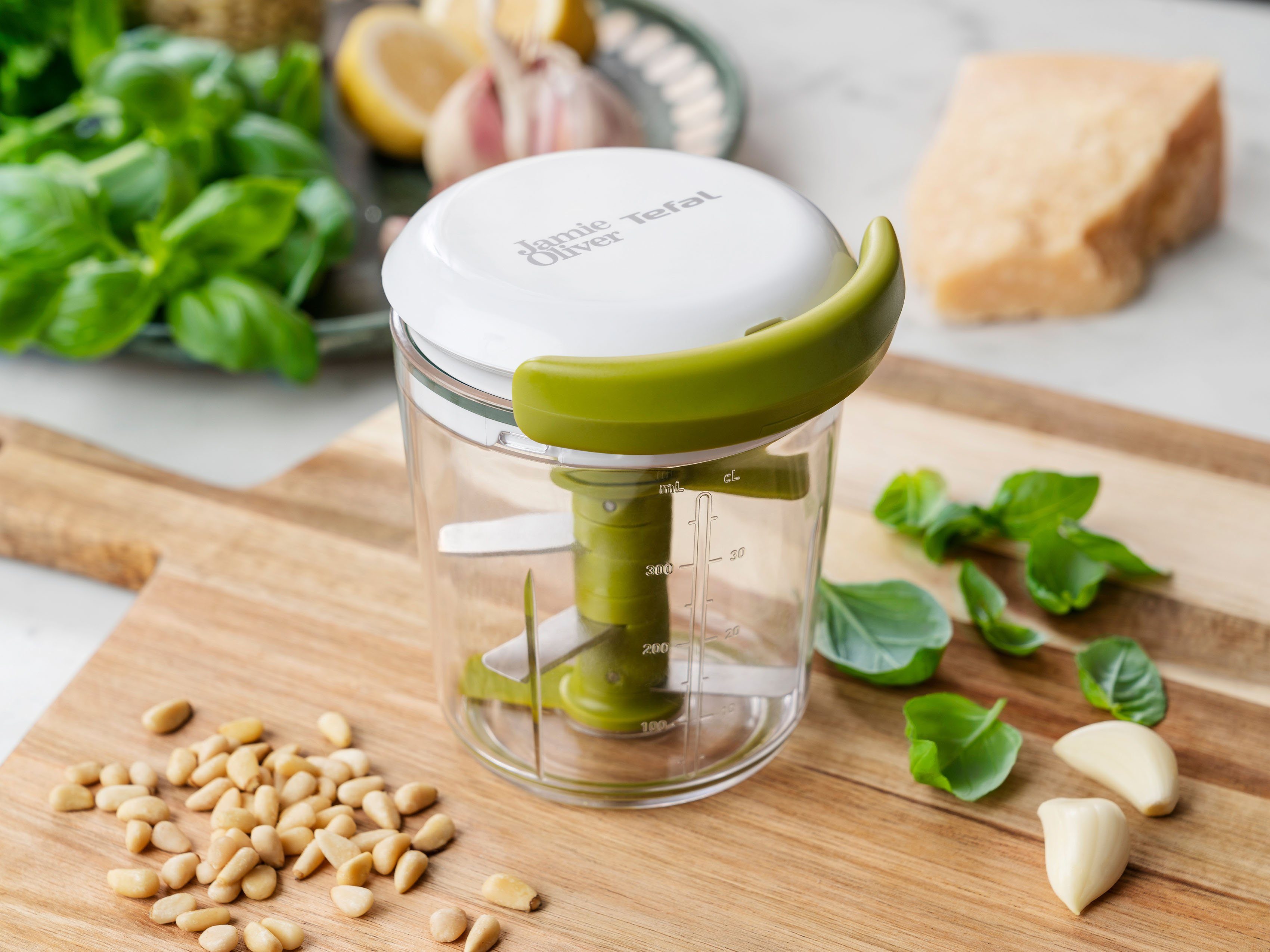 Tefal Gemüsehacker K16441 + K16443 Jamie Oliver Chop & Shaker, Zerkleinerer, 450 ml, Edelstahlklingen, Deckel, Messskala, Rotormesser
