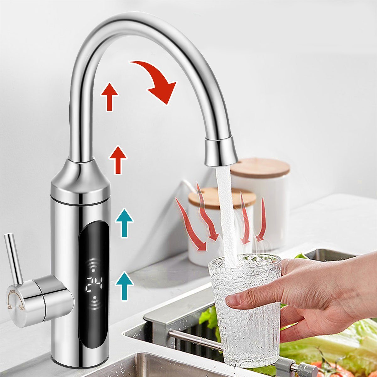 oyajia Klein-Durchlauferhitzer Küchenarmatur 3KW Elektrischer Wasserhahn,LED Digitalanzeige,Edelstahl, Heizung Küche Durchlauferhitzer Sofort Warm Armatur