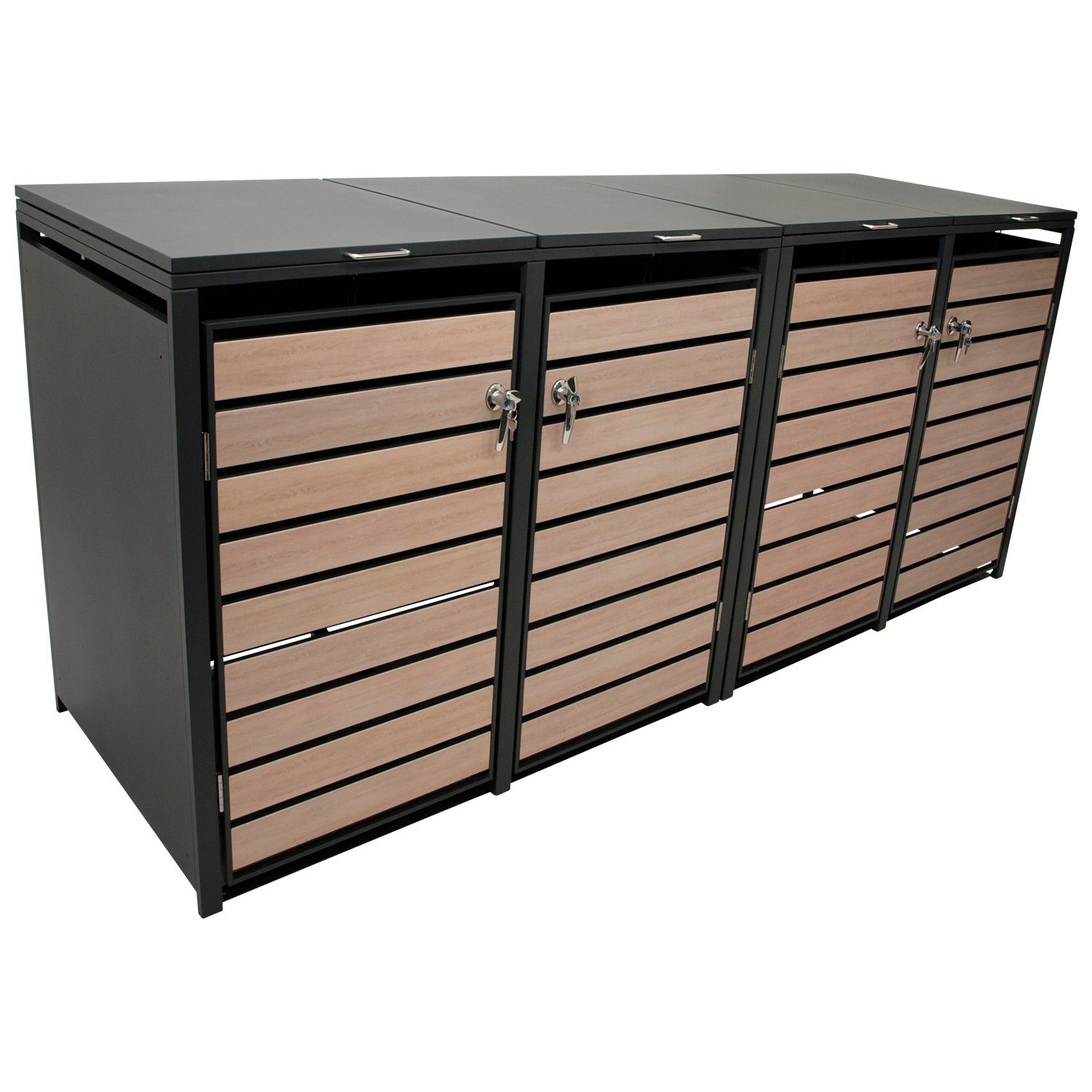 DEGAMO Mülltonnenbox BERLIN (1 St), Stahl grau, Türen in Holzoptik, für 4 Tonnen 120 oder 240 Liter