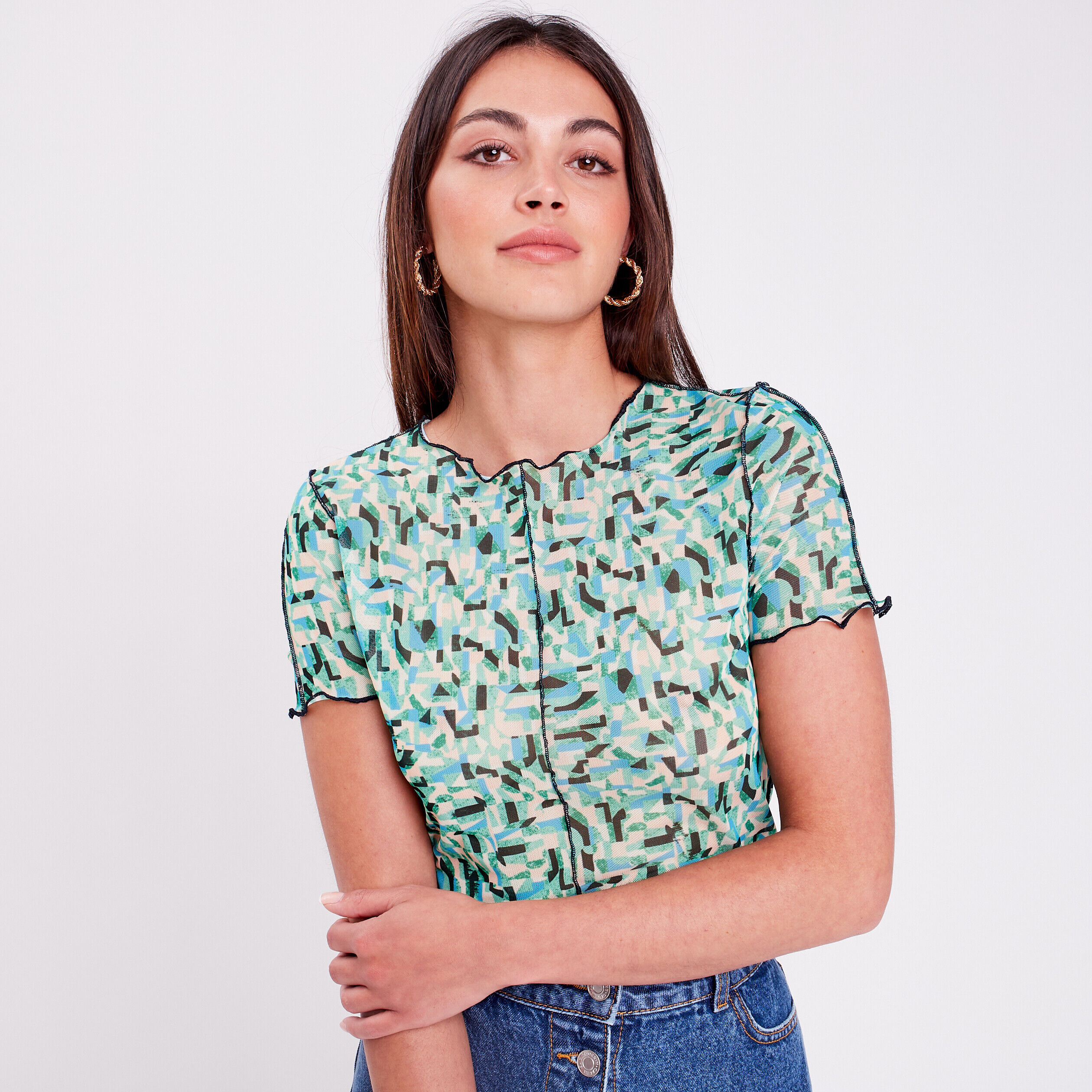 T-shirt semi-transparent bleu femme | Cache Cache