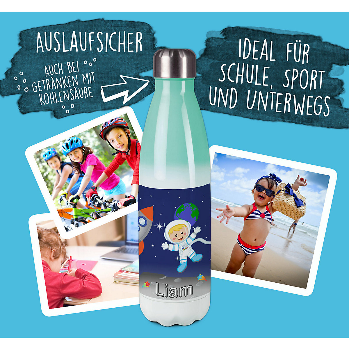 Edelstahl Kinder Thermoflasche / Trinkflasche bunt Weltall Spülmaschinenfest, Auslaufsicher, Bruchfest, Doppelwandig, Für Heißgetränke geeignet, Mit Deckel, Isoliert