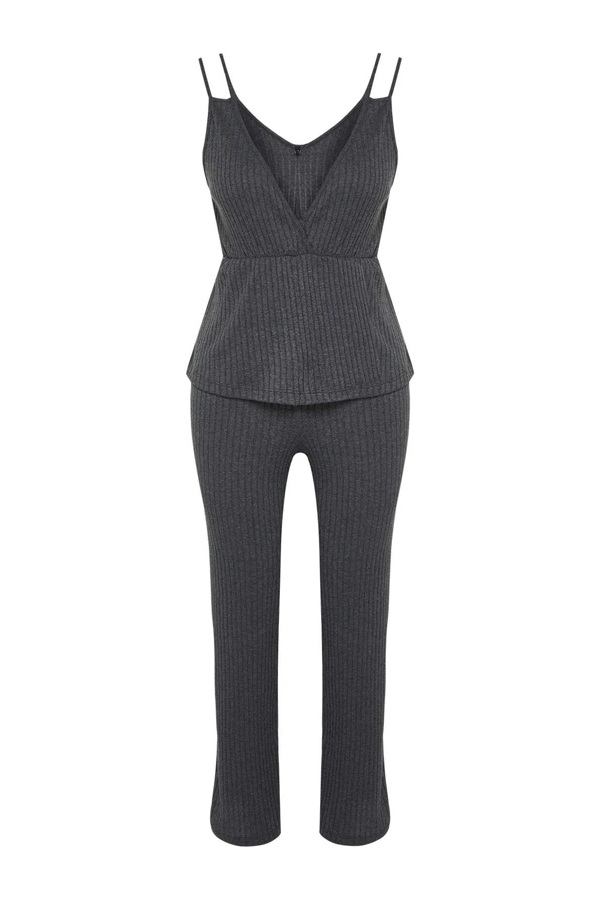 Trendyol Collection  Anthrazitfarbenes Pyjama-Set aus geripptem Baumwollseil mit Riemen THMSS21PT0125