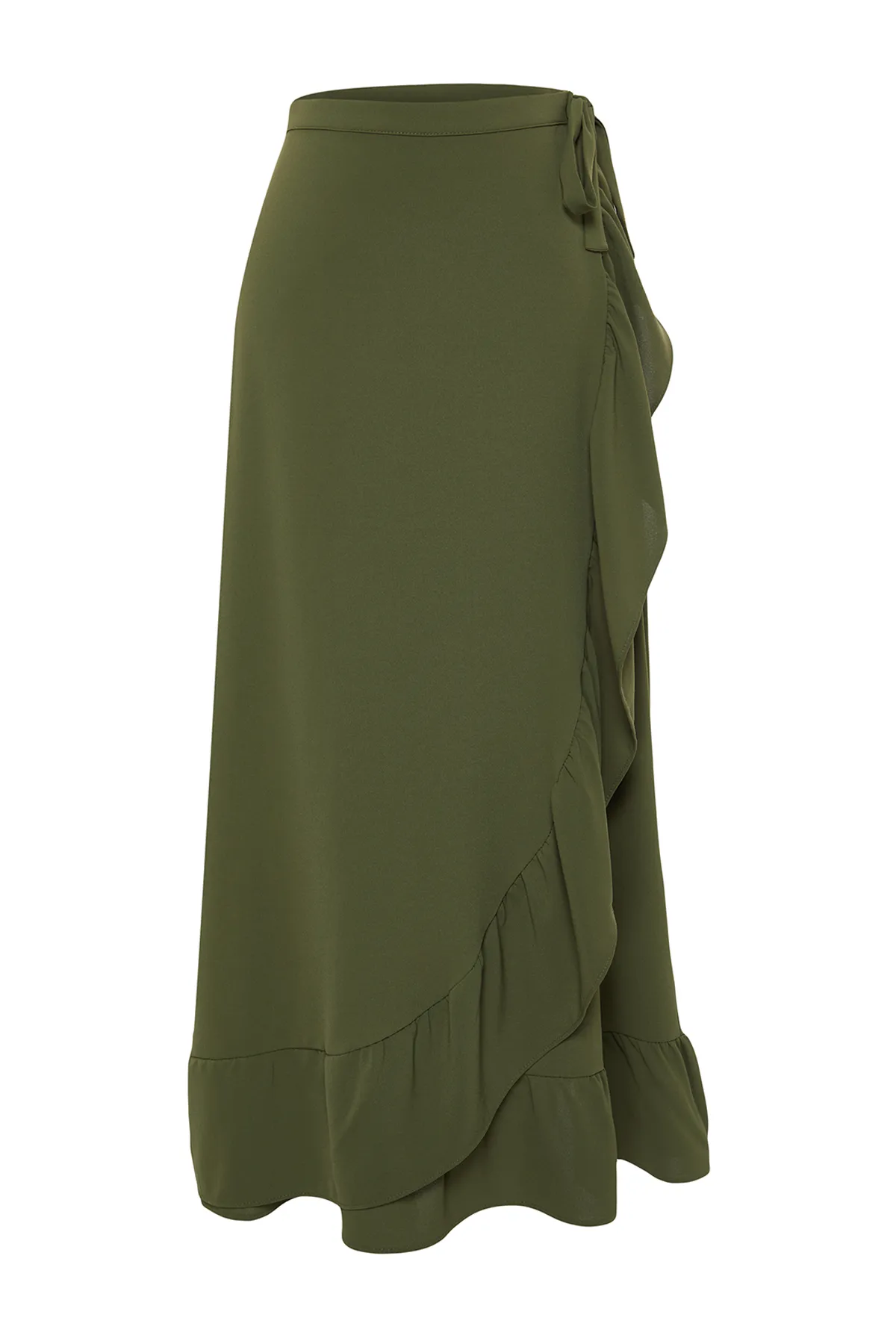Trendyol Modest  Dunkelkhakifarbener Wickelrock mit Volant und Webmuster TCTSS21ET0579
