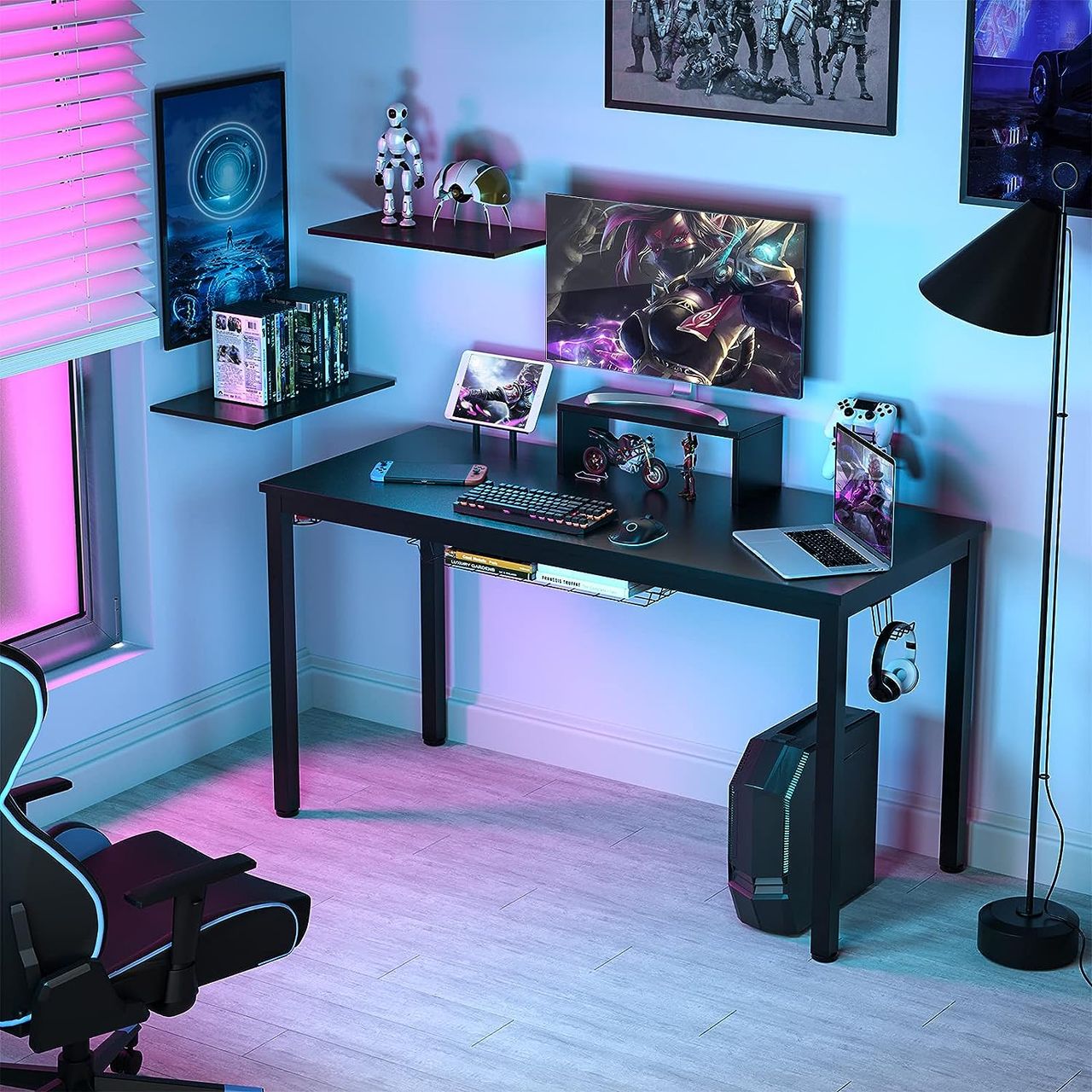 Costway COSTWAY 140cm Gaming Tisch mit Monitorablage, Groß Gamer Schreibtisch