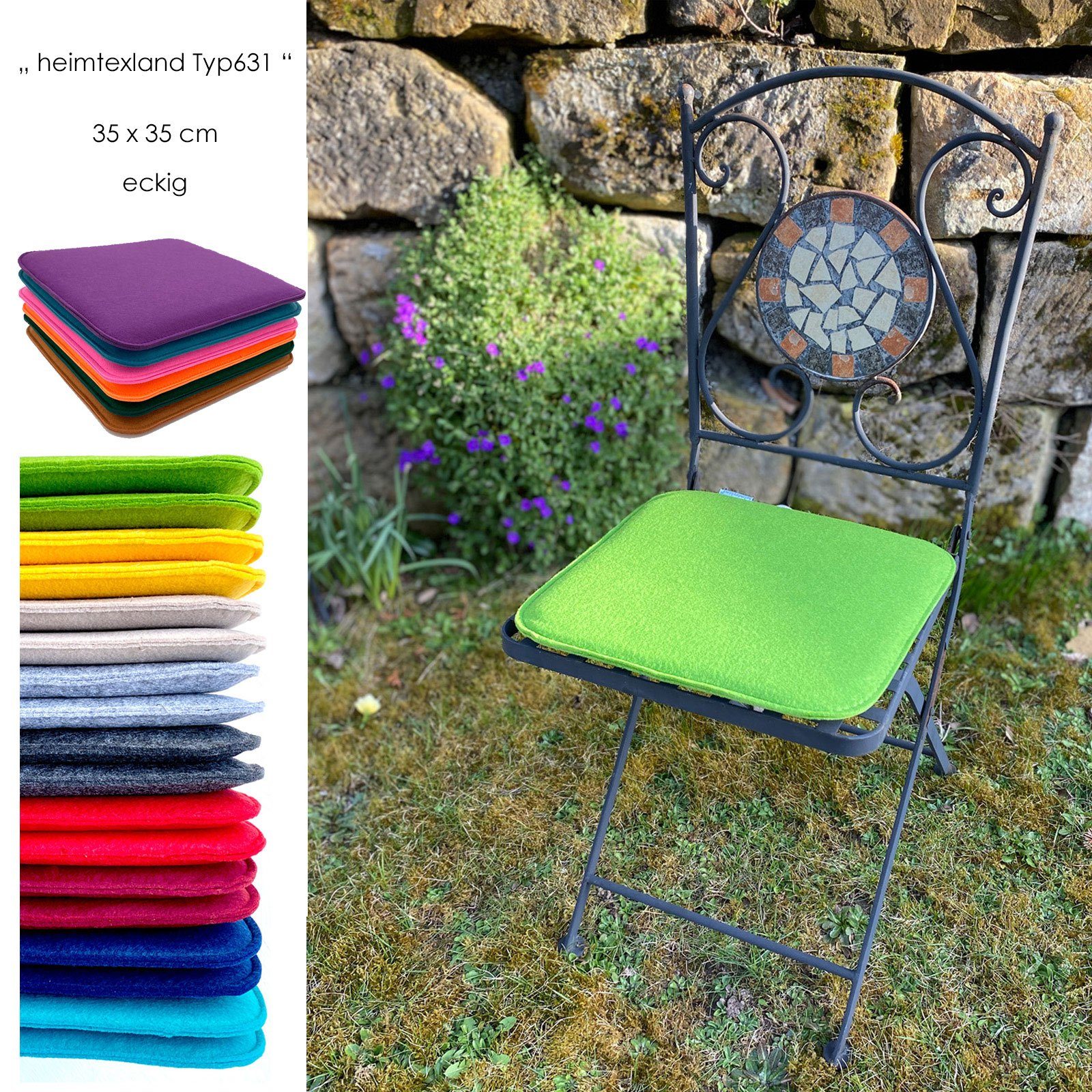 heimtexland Sitzkissen Filz Sitzauflage Stuhlkissen Bankkissen abwaschbar, 2er Set Sitzpolster Eckig I Indoor Outdoor I bequem & robust