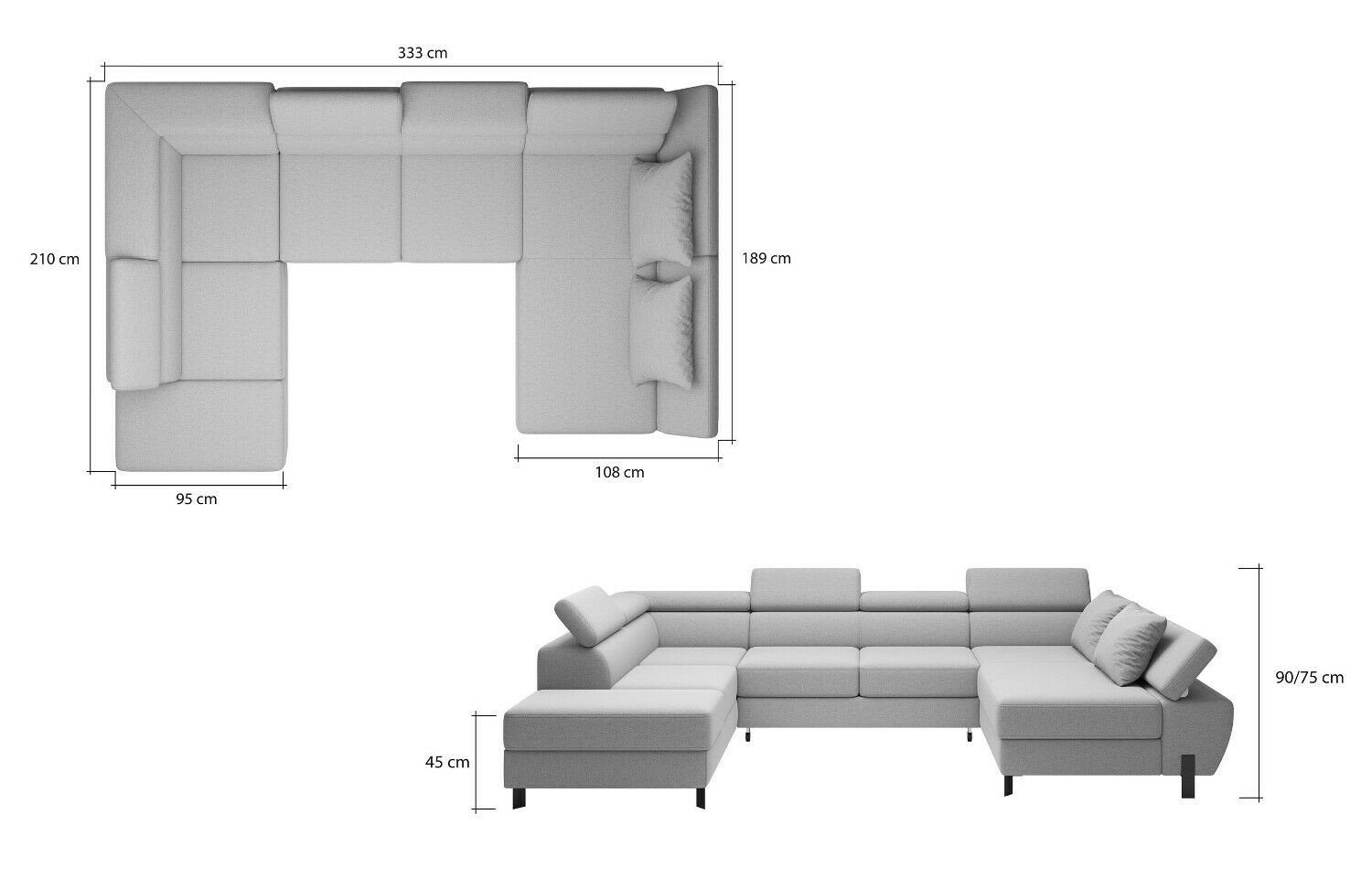 JVmoebel Ecksofa, Design Ecksofa U-form Bettfunktion Couch Leder Textil Sofas Schlaf