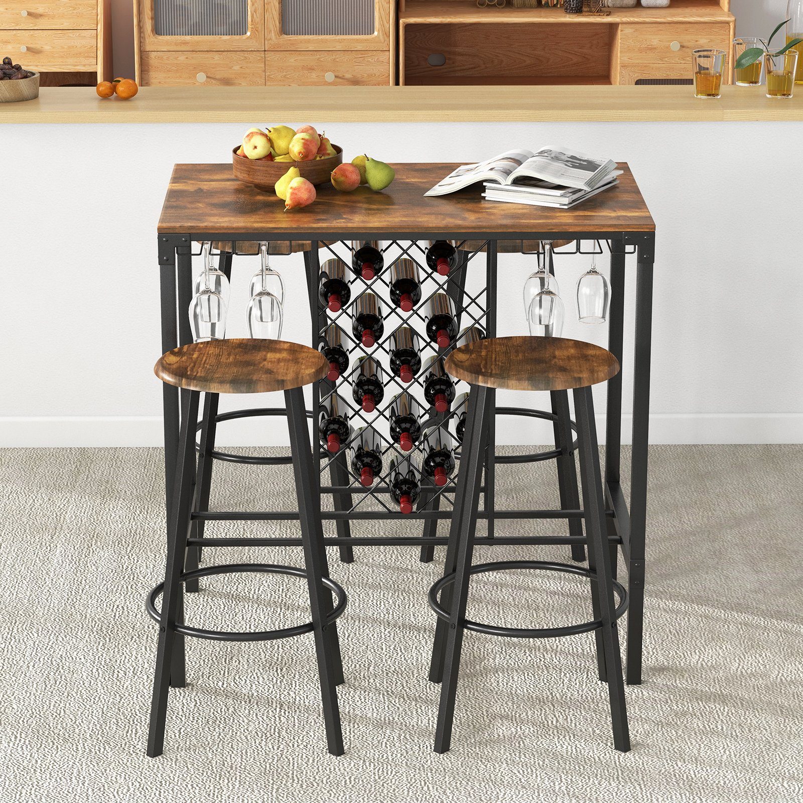 COSTWAY Bartisch, 5-tlg. mit 4 Barhockern, Weinregal und Glashalter