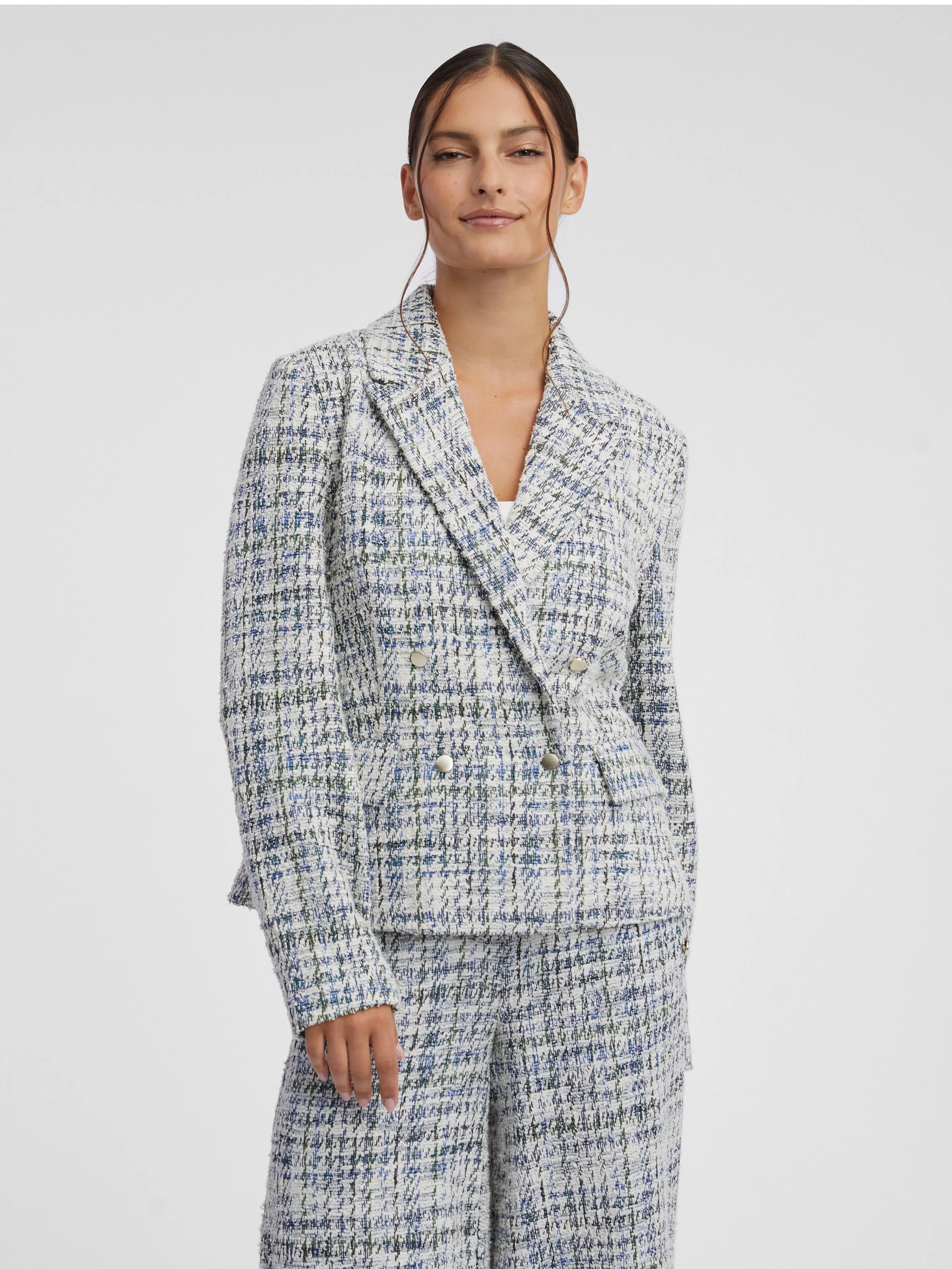 Blaue und cremefarbene zweireihige Tweed-Jacke Damen ORSAY