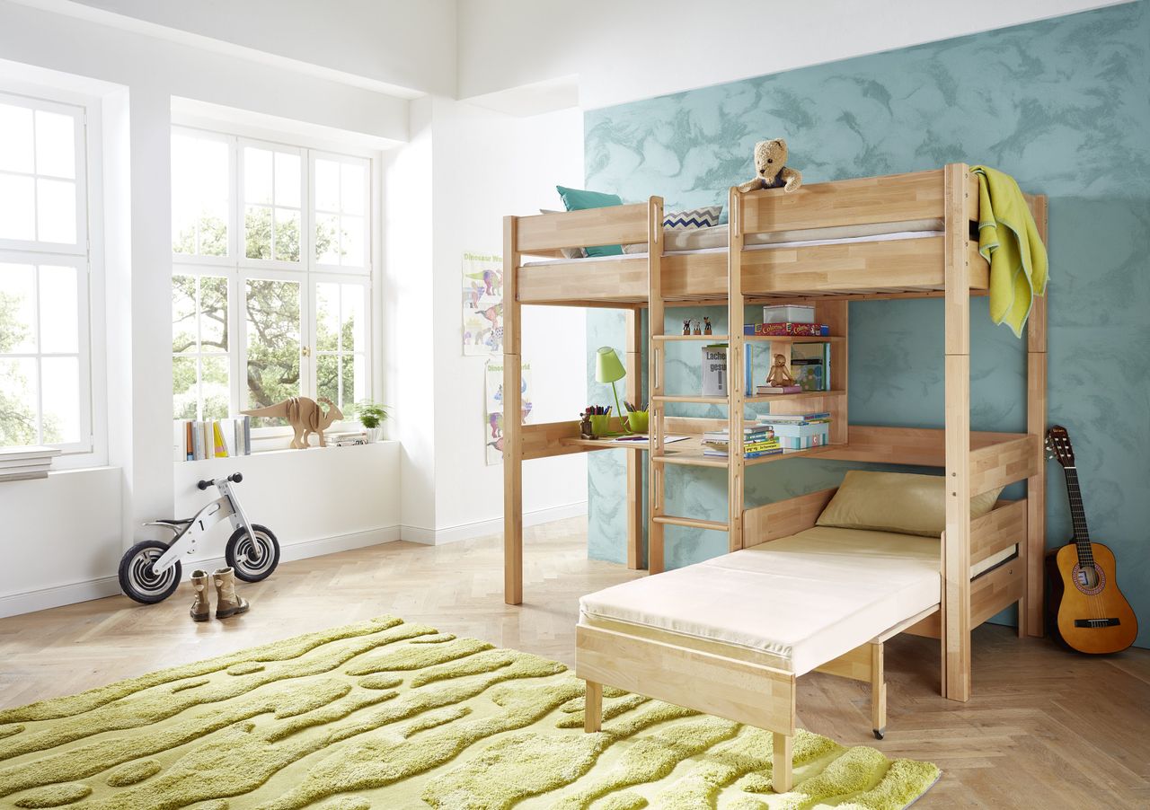 Relita Etagenbett NOEL inkl. Zusatz-Sessel mit Sitzkissen beige, Buche massiv natur lackiert